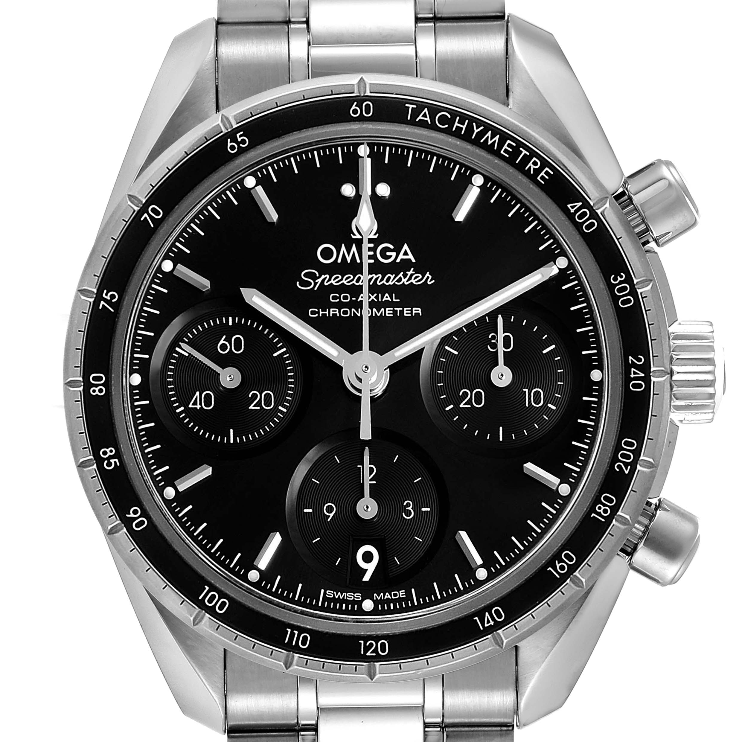 The image shows a front view of the Omega Speedmaster 324.30.38.50.01.001 Men's Stainless Steel Black Dial 324.30.38.50.01.001 Men's Stainless Steel Black Dial watch, highlighting the dial, sub-dials, tachymeter bezel, and bracelet.