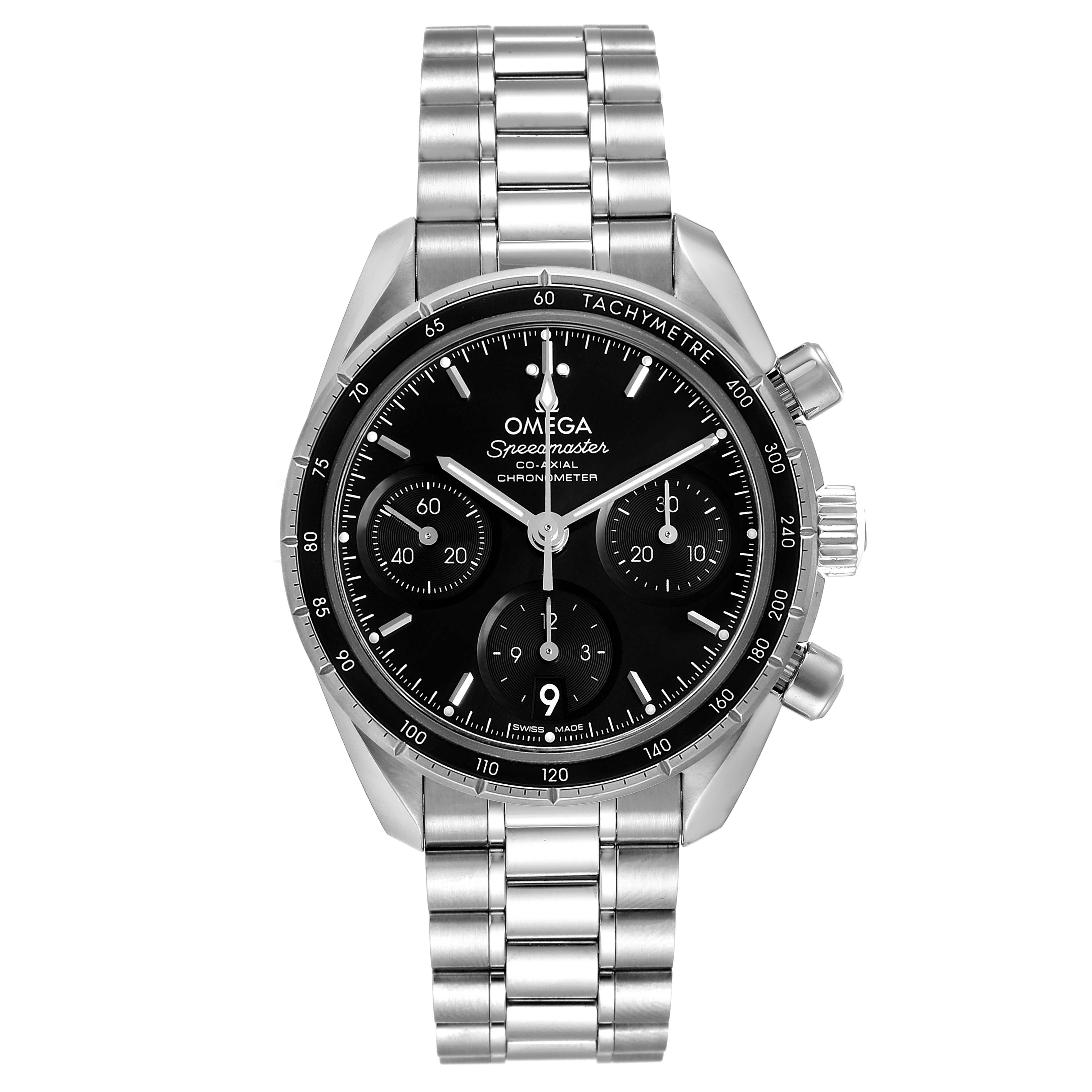 The Omega Speedmaster 324.30.38.50.01.001 Men's Stainless Steel Black Dial 324.30.38.50.01.001 Men's Stainless Steel Black Dial watch is shown from the front, featuring its bezel, dial, sub-dials, and stainless steel bracelet.