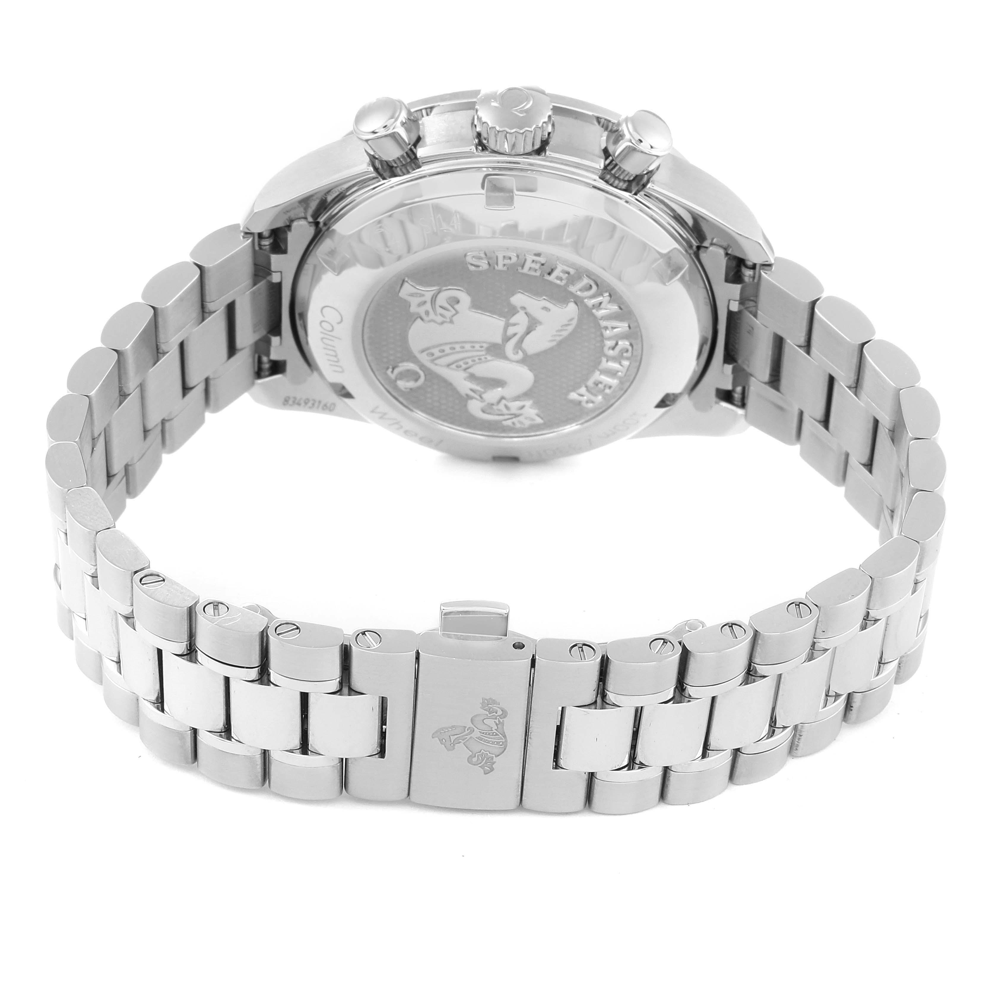 The image shows the back and bracelet of an Omega Speedmaster 324.30.38.50.01.001 Men's Stainless Steel Black Dial 324.30.38.50.01.001 Men's Stainless Steel Black Dial watch, highlighting the case back and clasp.