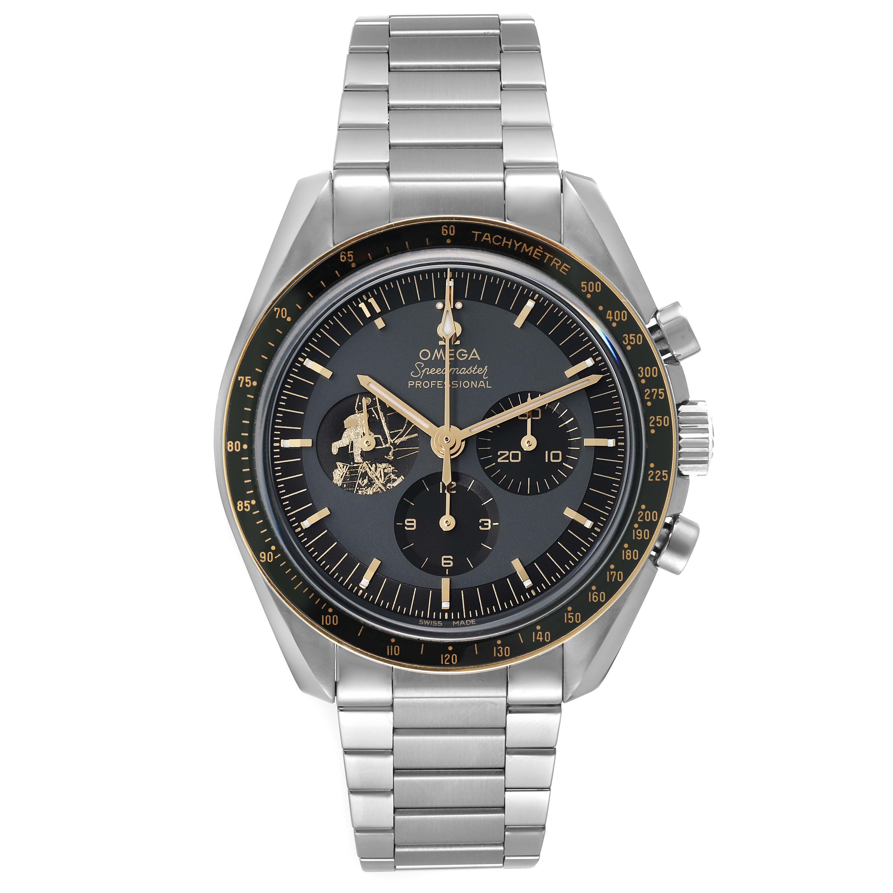 The image shows a front view of an Omega Speedmaster 310.20.42.50.01.001 Men's Stainless Steel Grey Dial 310.20.42.50.01.001 Men's Stainless Steel Grey Dial watch, highlighting its dial, markers, sub-dials, and stainless steel bracelet.