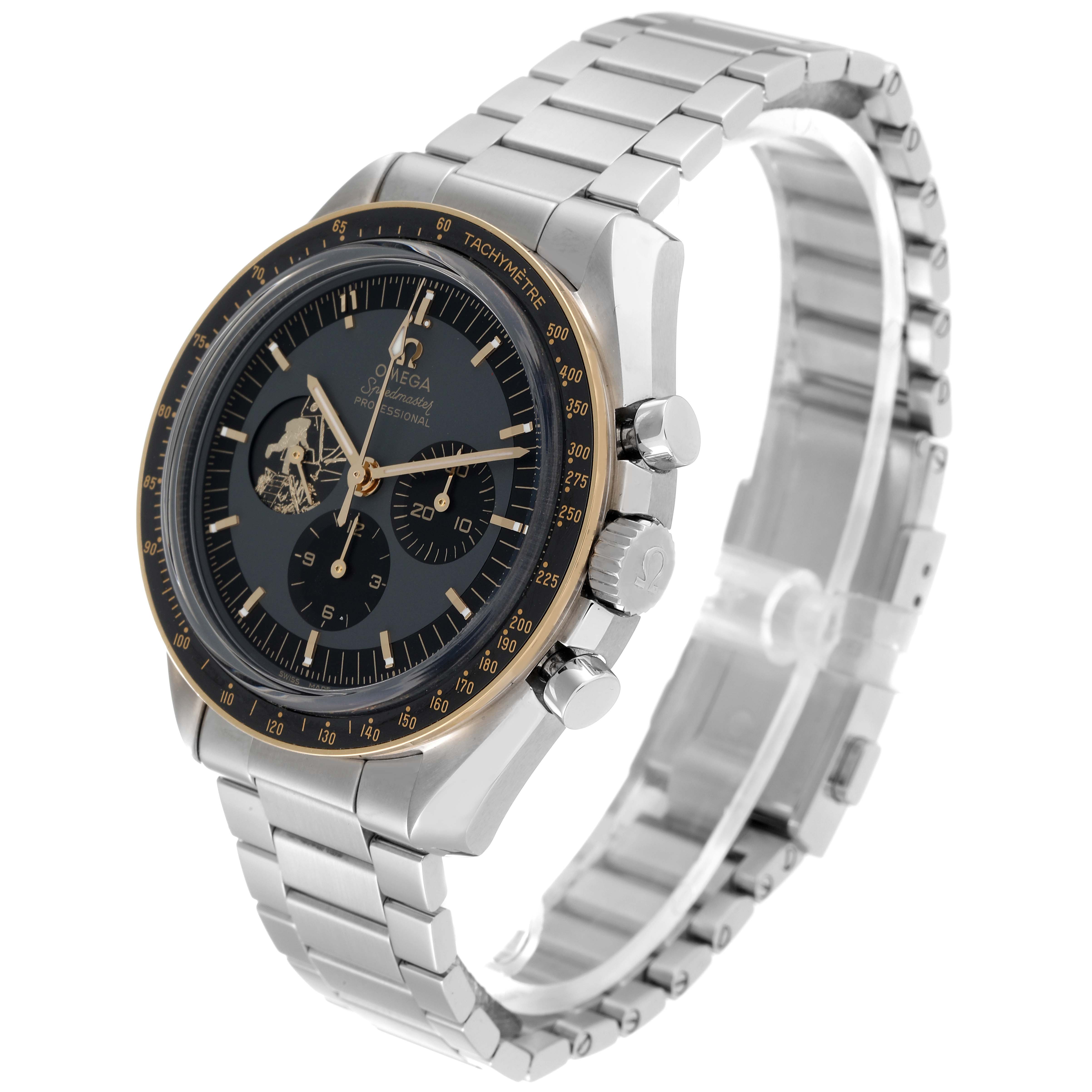 The image shows a side and front angle view of an Omega Speedmaster 310.20.42.50.01.001 Men's Stainless Steel Grey Dial 310.20.42.50.01.001 Men's Stainless Steel Grey Dial watch, highlighting its dial, bezel, and metal bracelet.