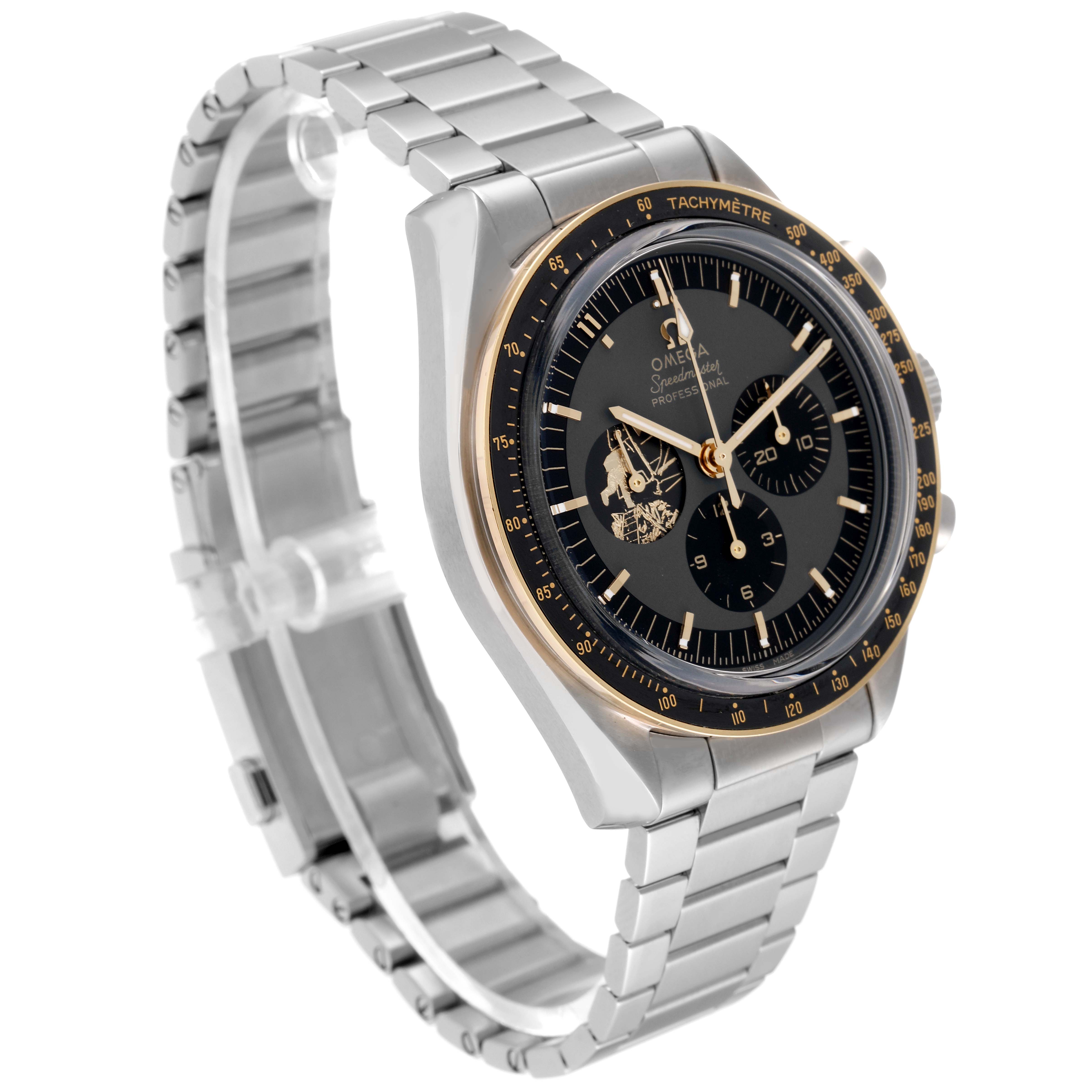 This image shows a three-quarter view of an Omega Speedmaster 310.20.42.50.01.001 Men's Stainless Steel Grey Dial 310.20.42.50.01.001 Men's Stainless Steel Grey Dial watch, highlighting its face, bezel, and metal bracelet.