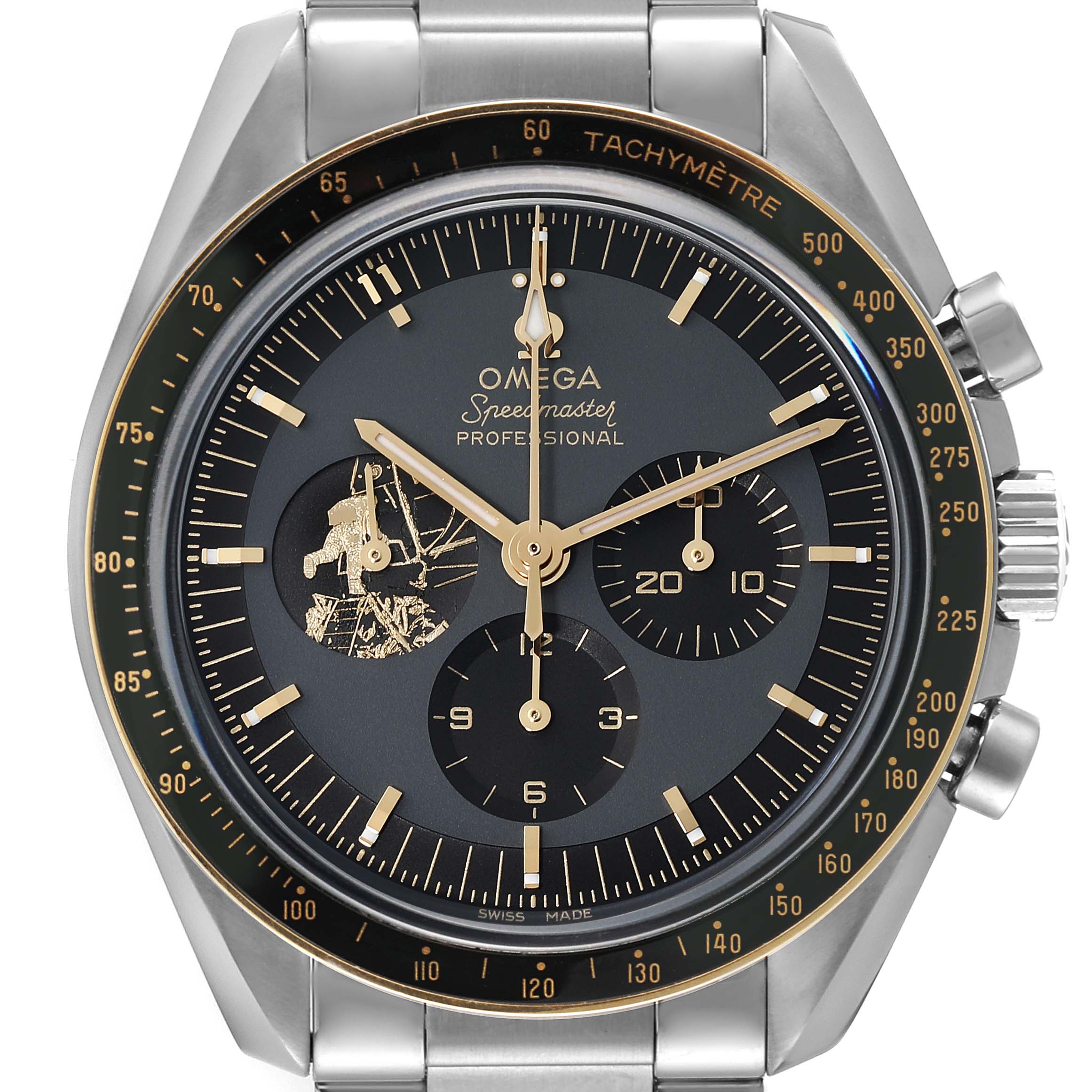This image shows a front view of the Omega Speedmaster 310.20.42.50.01.001 Men's Stainless Steel Grey Dial 310.20.42.50.01.001 Men's Stainless Steel Grey Dial Professional watch displaying its dial, tachymeter, and subdials.