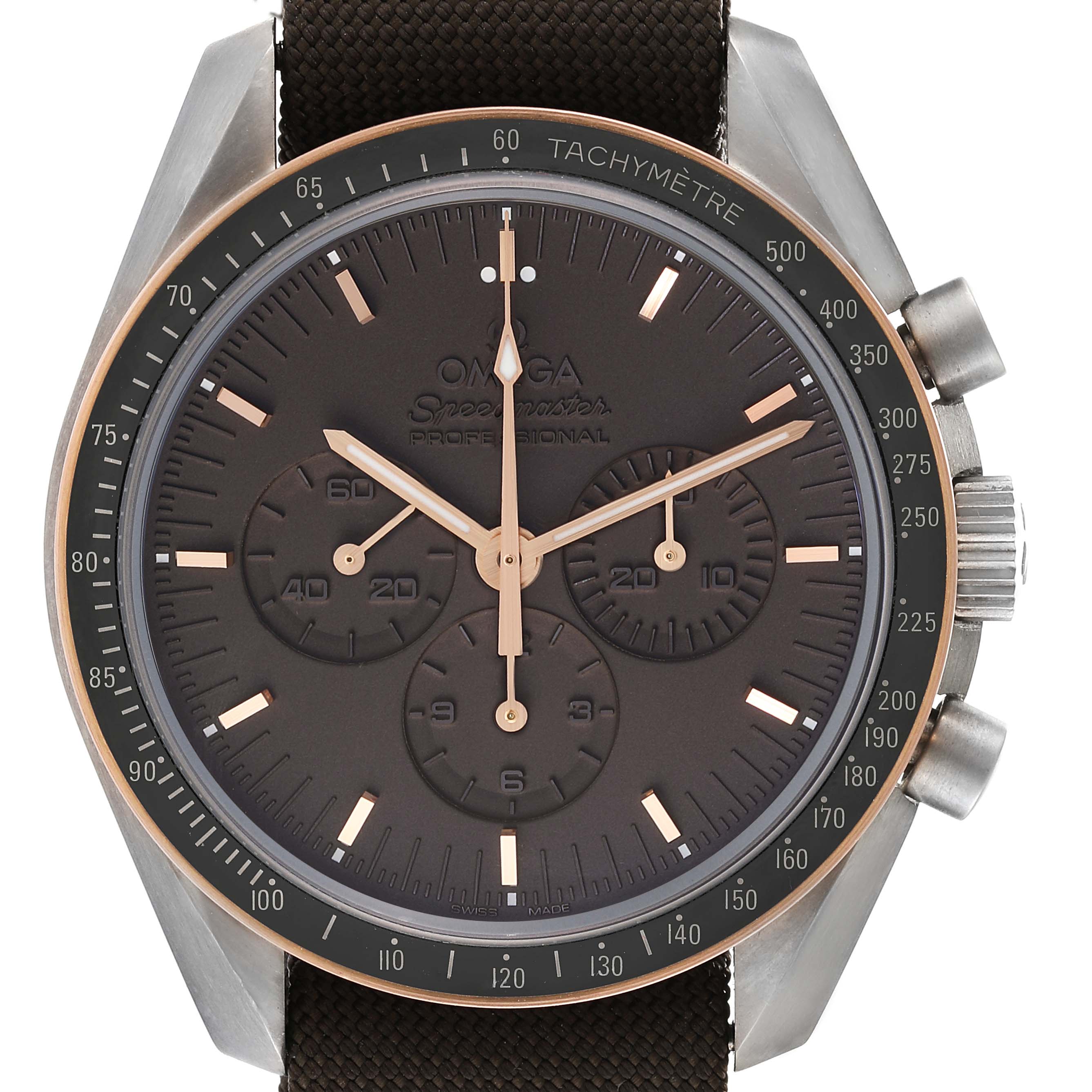 This image shows the face of an Omega Speedmaster 311.62.42.30.06.001 Men's Titanium Grey Dial 311.62.42.30.06.001 Men's Titanium Grey Dial watch from a front angle, displaying the tachymeter, subdials, and crown.