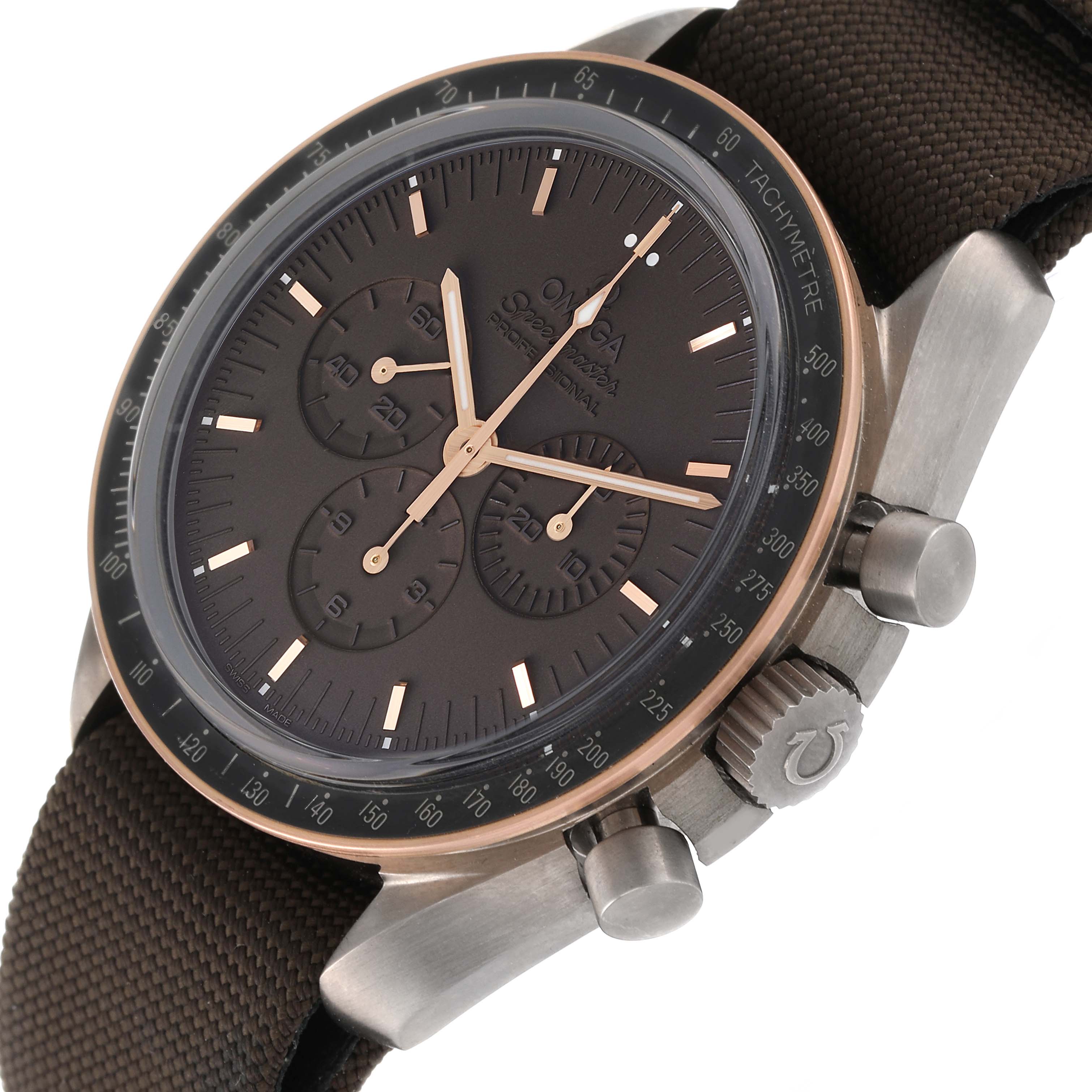 The Omega Speedmaster 311.62.42.30.06.001 Men's Titanium Grey Dial 311.62.42.30.06.001 Men's Titanium Grey Dial watch is shown at an angled close-up, highlighting the dial, subdials, bezel, crown, pushers, and strap.