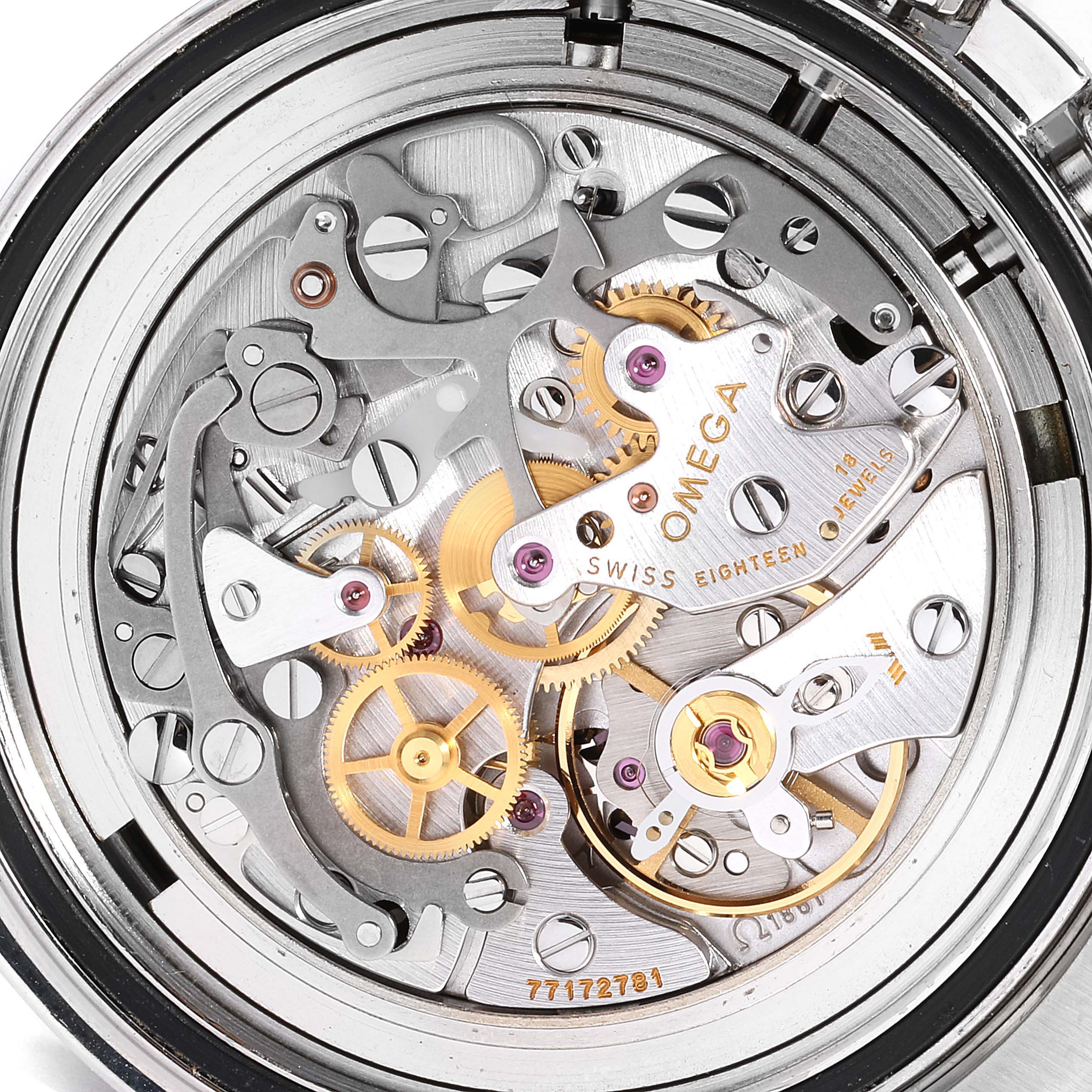 This image shows a close-up view of the intricate internal movement components of an Omega Speedmaster 3570.50.00 Men
s Stainless Steel Black Dial 3570.50.00 Men
s Stainless Steel Black Dial watch.