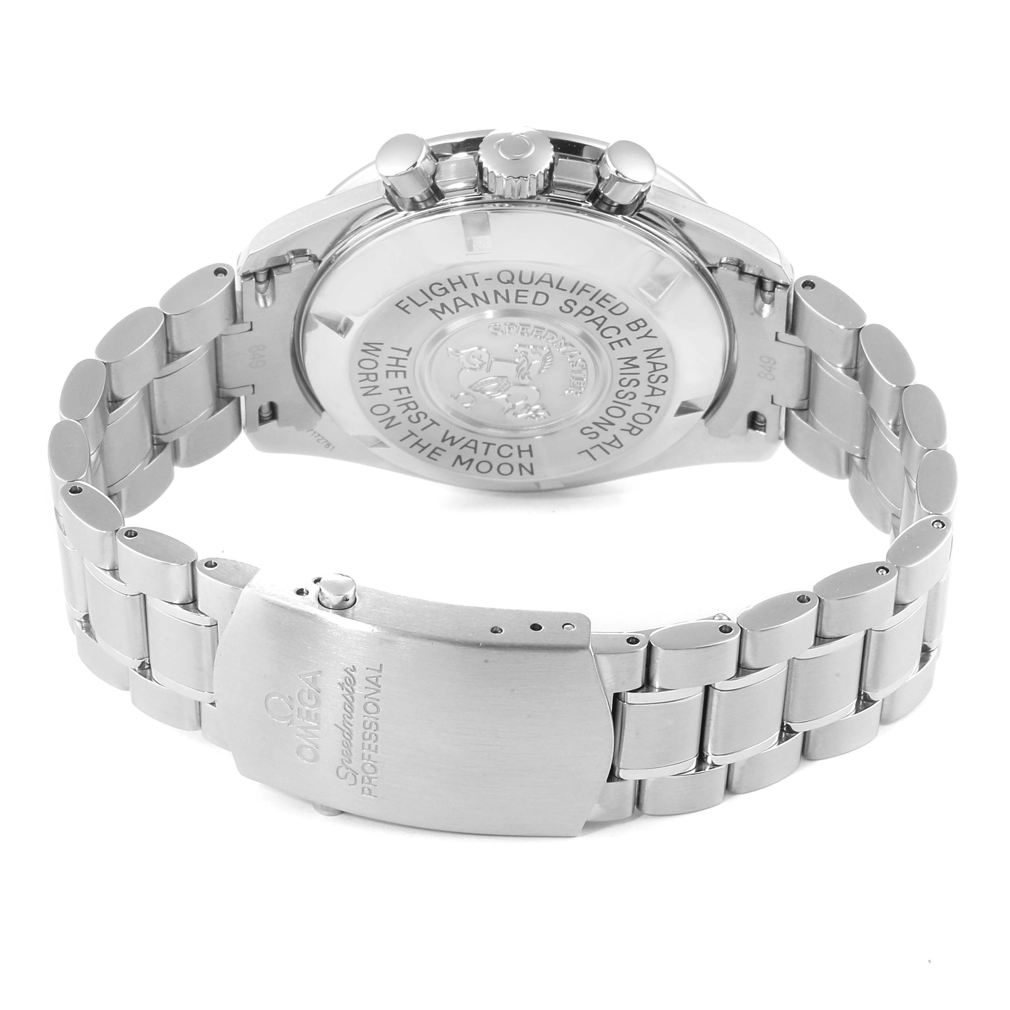 The image shows the back case and bracelet of the Omega Speedmaster 3570.50.00 Men
s Stainless Steel Black Dial 3570.50.00 Men
s Stainless Steel Black Dial watch from a rear angle.