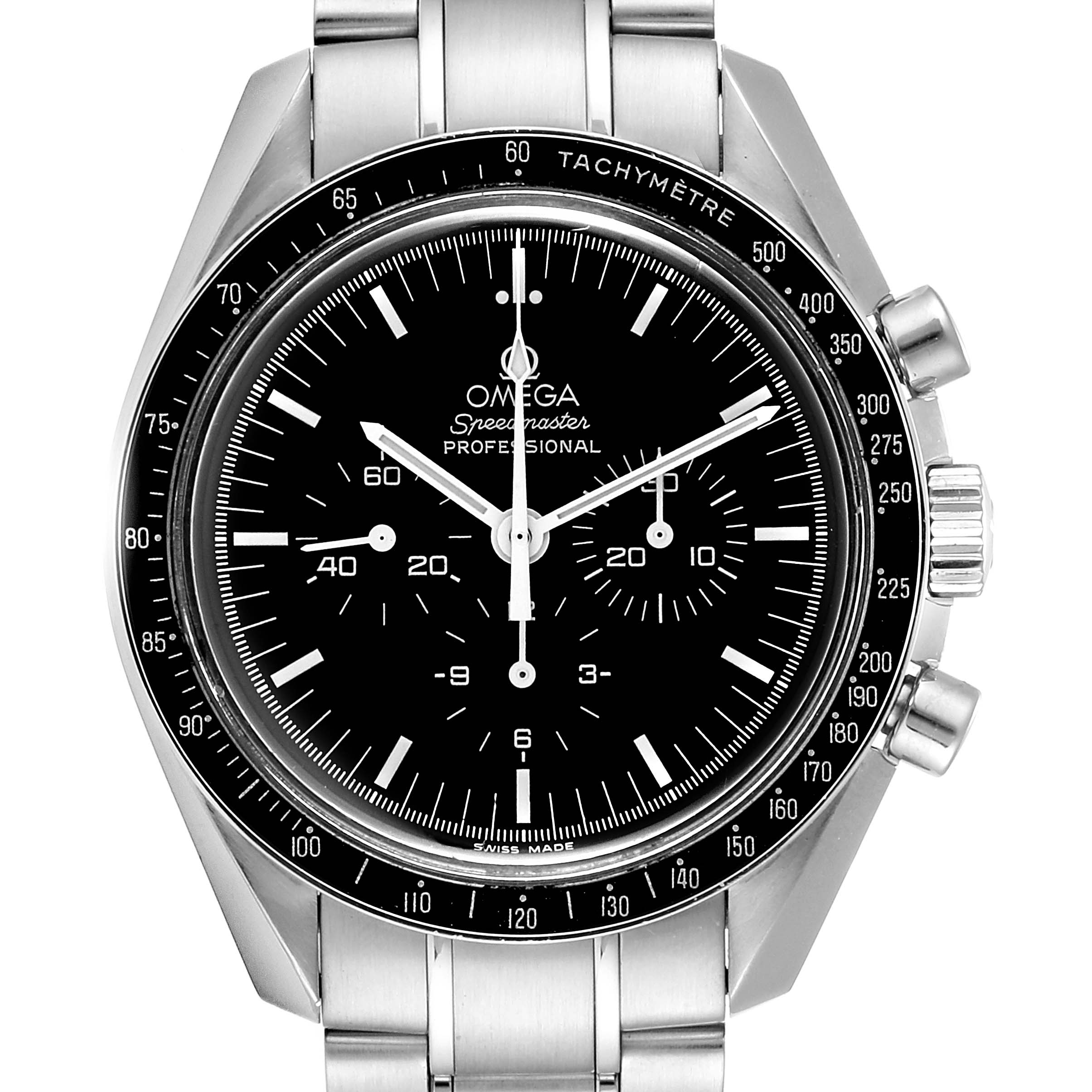 The image shows a front view of the Omega Speedmaster 3570.50.00 Men
s Stainless Steel Black Dial 3570.50.00 Men
s Stainless Steel Black Dial watch, highlighting the dial, chronograph subdials, bezel, and stainless steel bracelet.