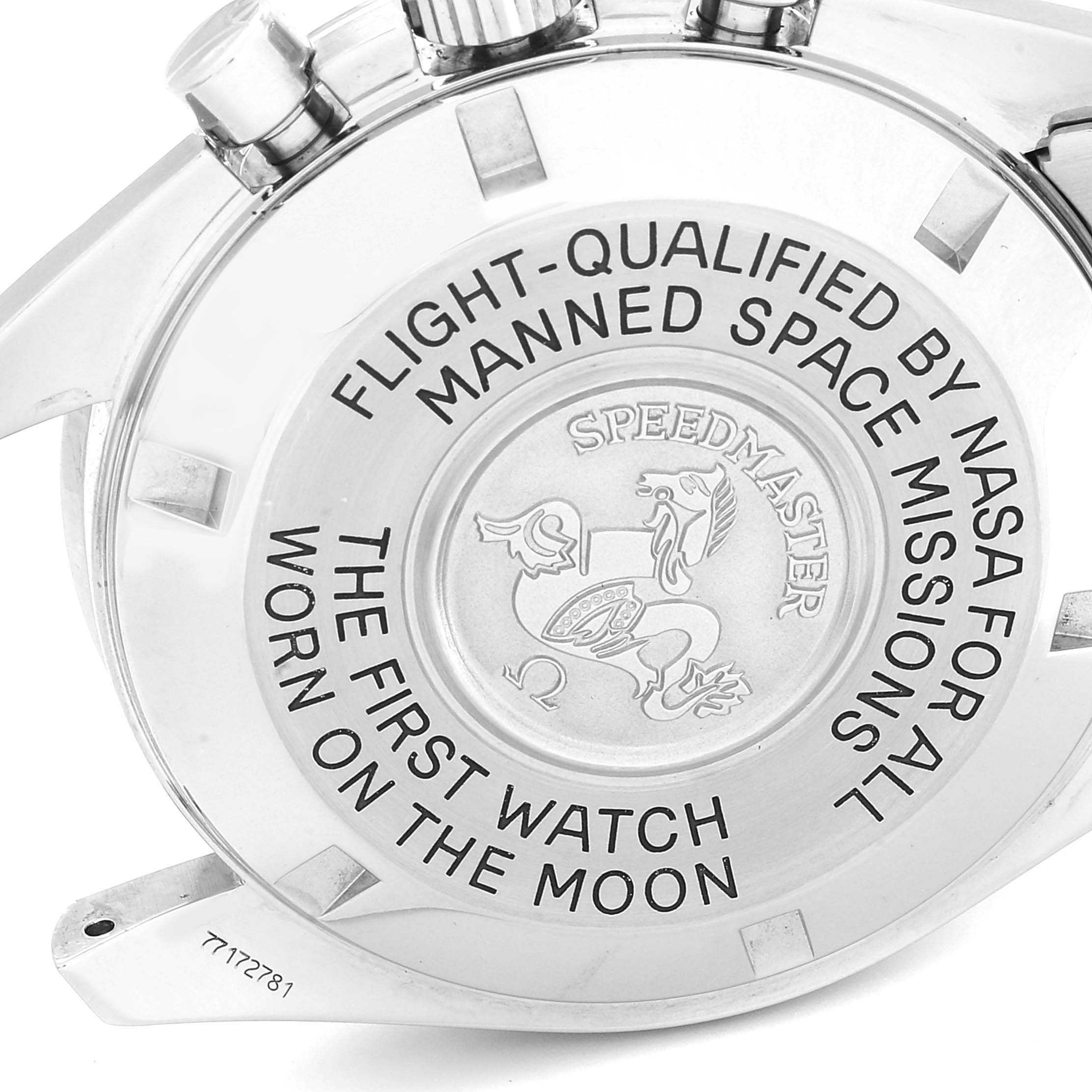 The image shows the case back of an Omega Speedmaster 3570.50.00 Men
s Stainless Steel Black Dial 3570.50.00 Men
s Stainless Steel Black Dial watch, highlighting the NASA flight qualification and moon landing inscription.