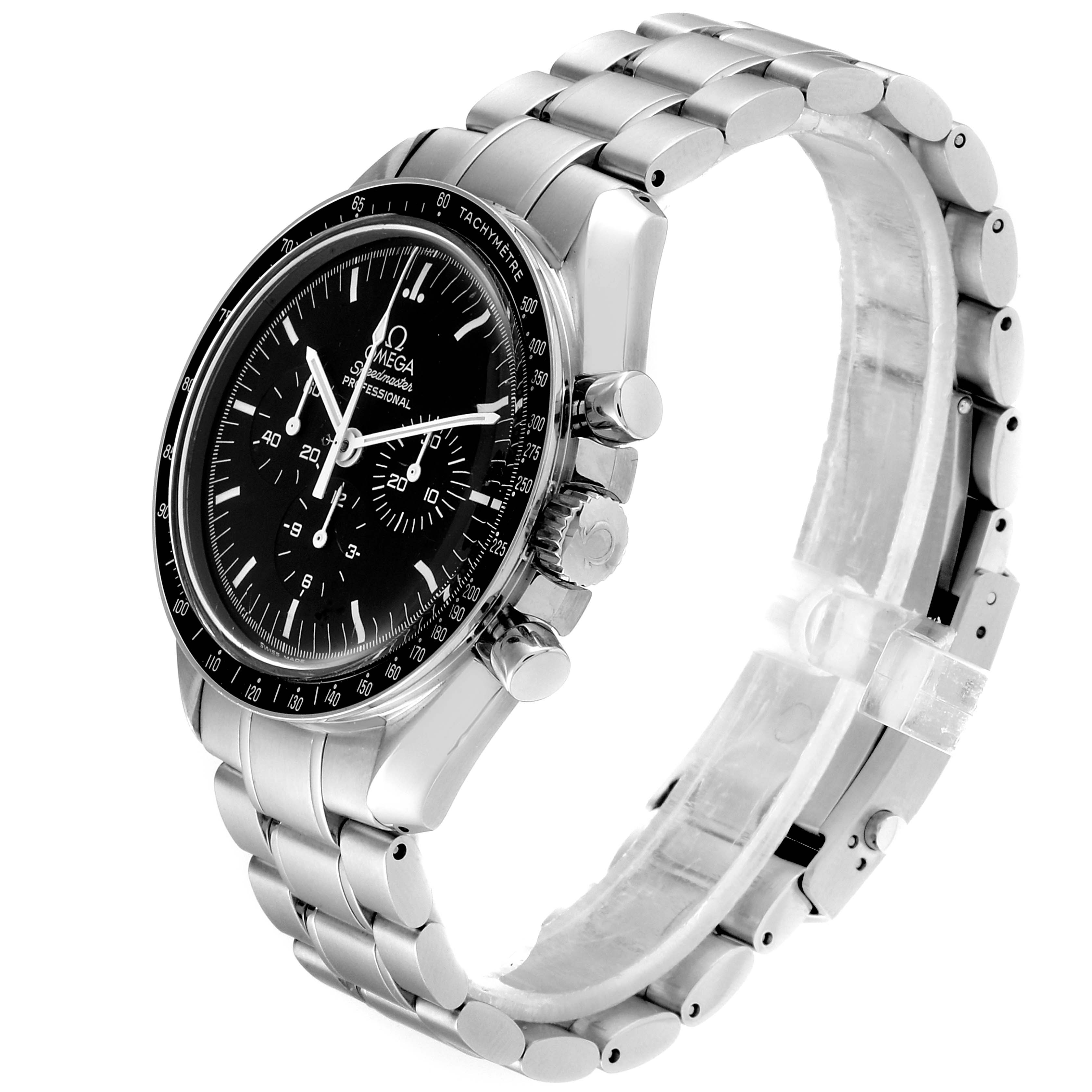 The Omega Speedmaster 3570.50.00 Men
s Stainless Steel Black Dial 3570.50.00 Men
s Stainless Steel Black Dial watch is shown at a three-quarter angle, highlighting its face, bezel, case, and metal bracelet.