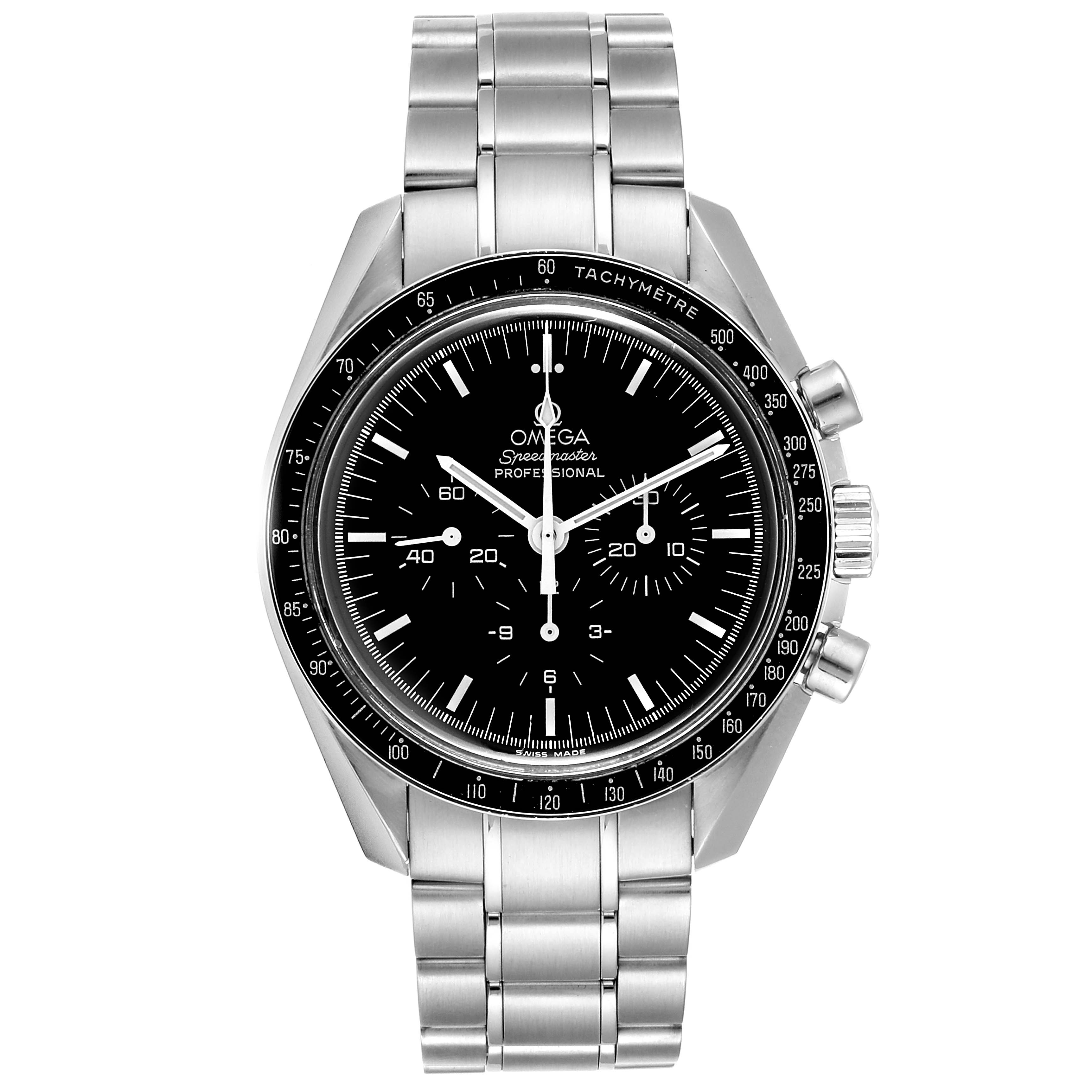 The image shows a front view of the Omega Speedmaster 3570.50.00 Men
s Stainless Steel Black Dial 3570.50.00 Men
s Stainless Steel Black Dial watch, highlighting the black dial, steel case, and tachymeter bezel.