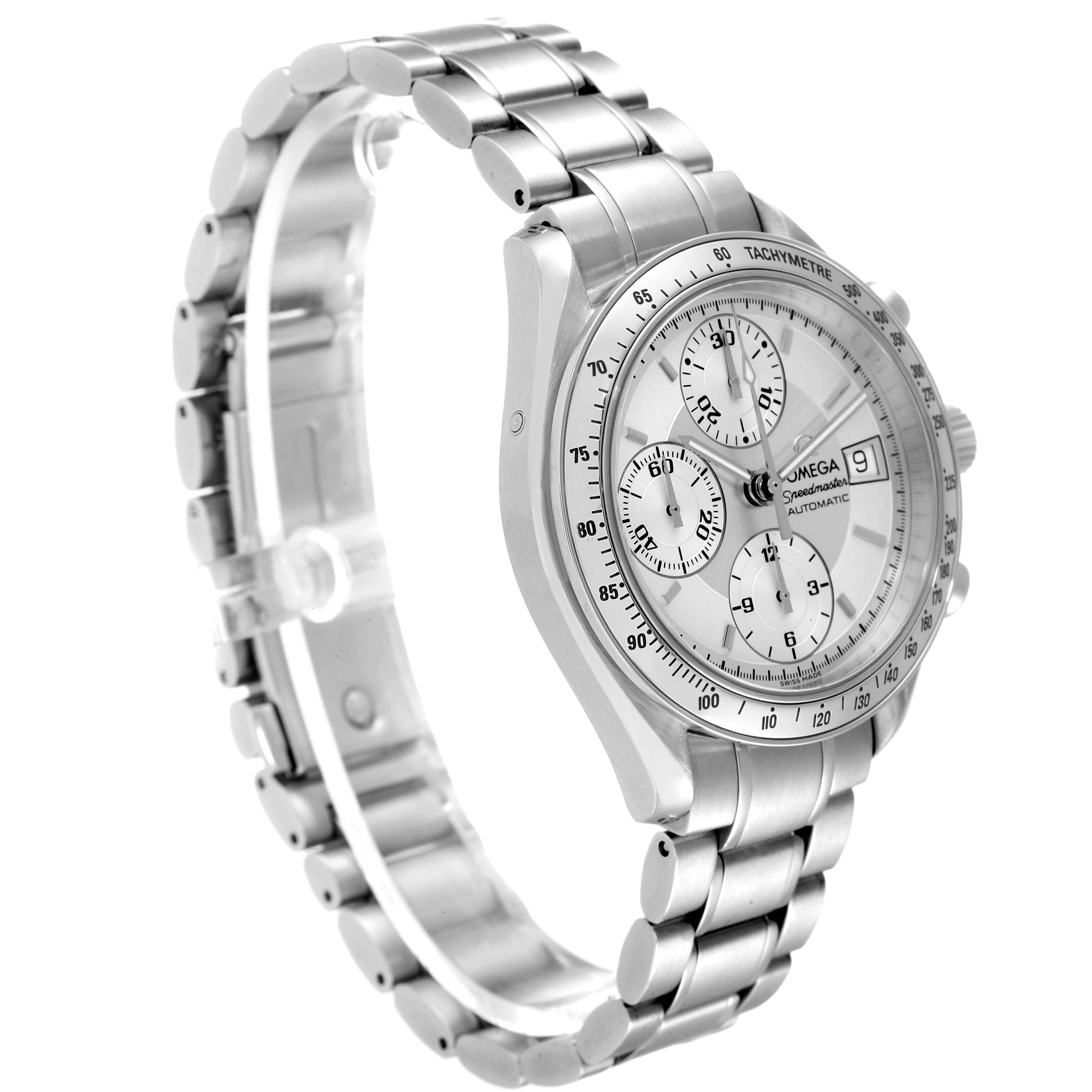 The image shows a side angle view of the Omega Speedmaster 3513.30.00 Men's Stainless Steel Silver Dial 3513.30.00 Men's Stainless Steel Silver Dial watch displaying its face, bezel, crown, and metal bracelet.