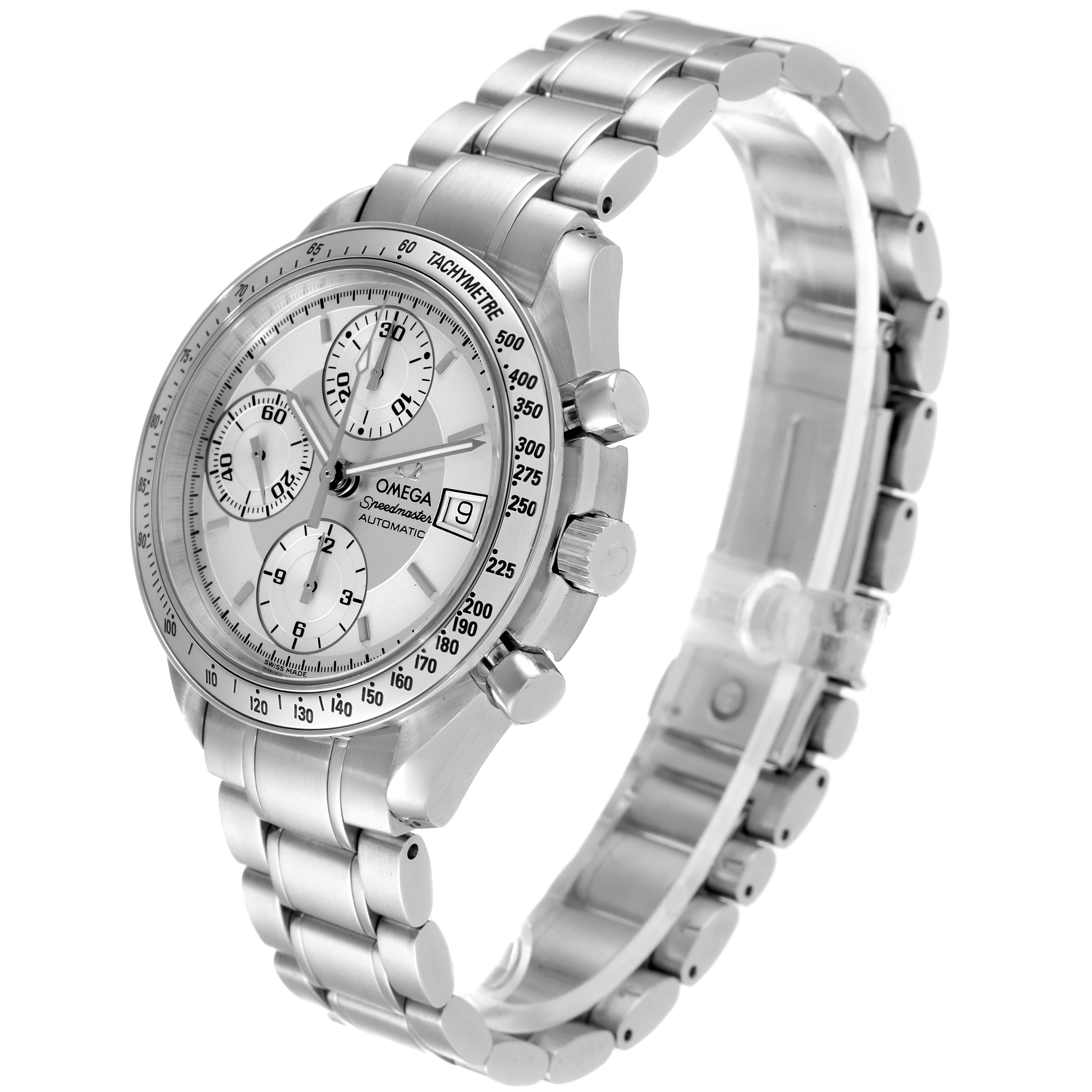 The Omega Speedmaster 3513.30.00 Men's Stainless Steel Silver Dial 3513.30.00 Men's Stainless Steel Silver Dial watch is shown at an angle revealing the face, side buttons, and metal bracelet.