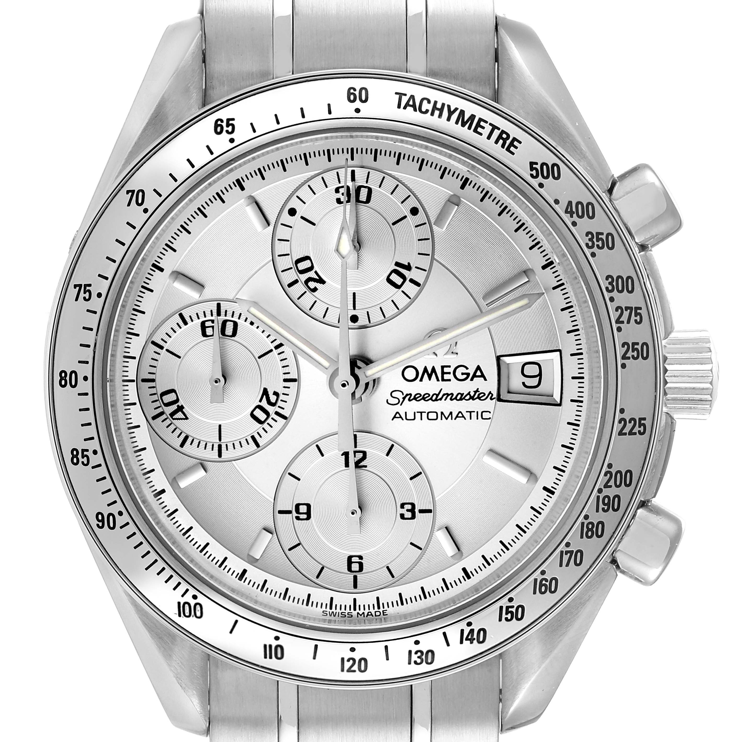 The image shows a frontal view of the Omega Speedmaster 3513.30.00 Men's Stainless Steel Silver Dial 3513.30.00 Men's Stainless Steel Silver Dial watch, highlighting the dial, subdials, bezel, and bracelet.