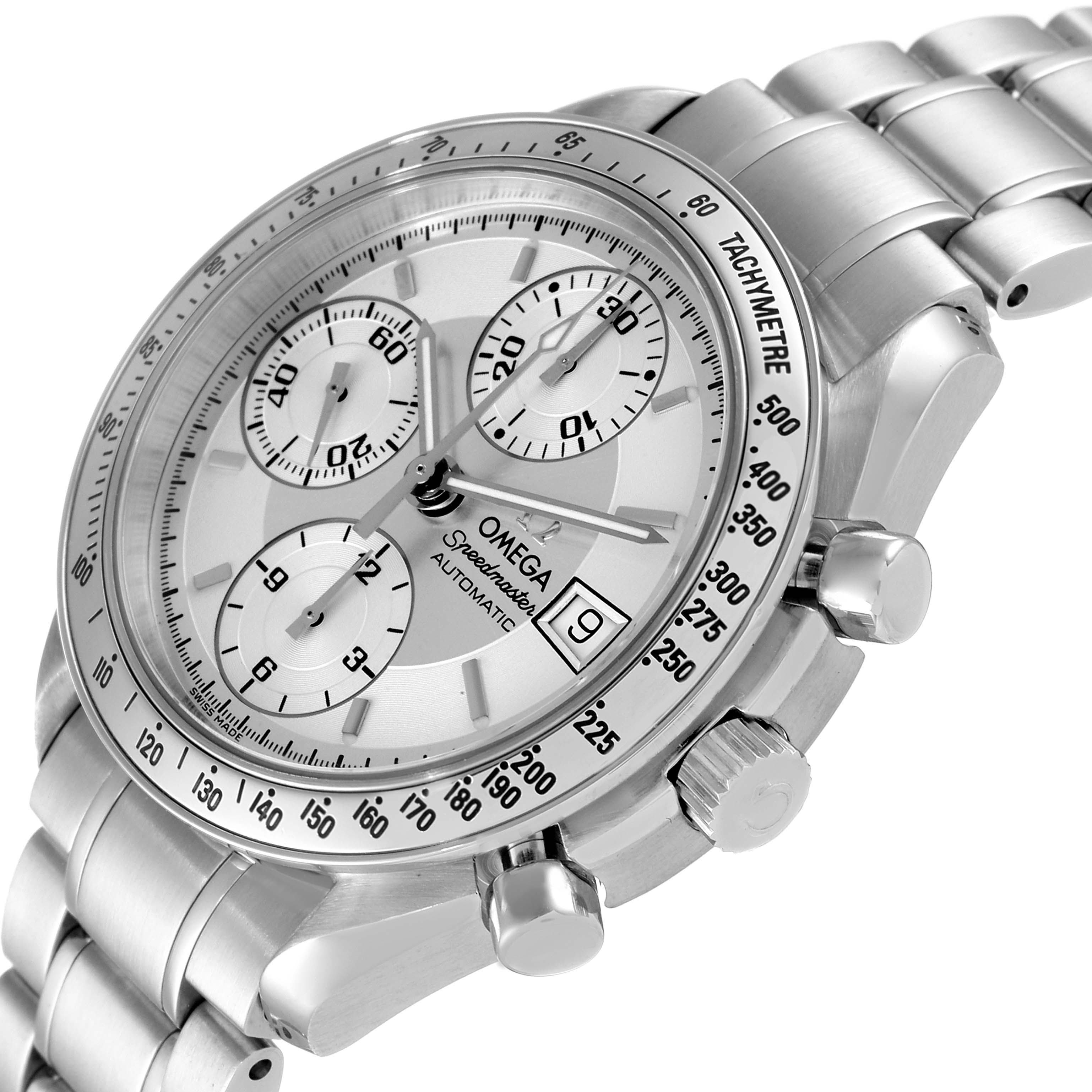 The image shows an angled view of the Omega Speedmaster 3513.30.00 Men's Stainless Steel Silver Dial 3513.30.00 Men's Stainless Steel Silver Dial watch, highlighting its dial, tachymeter bezel, and stainless steel bracelet.