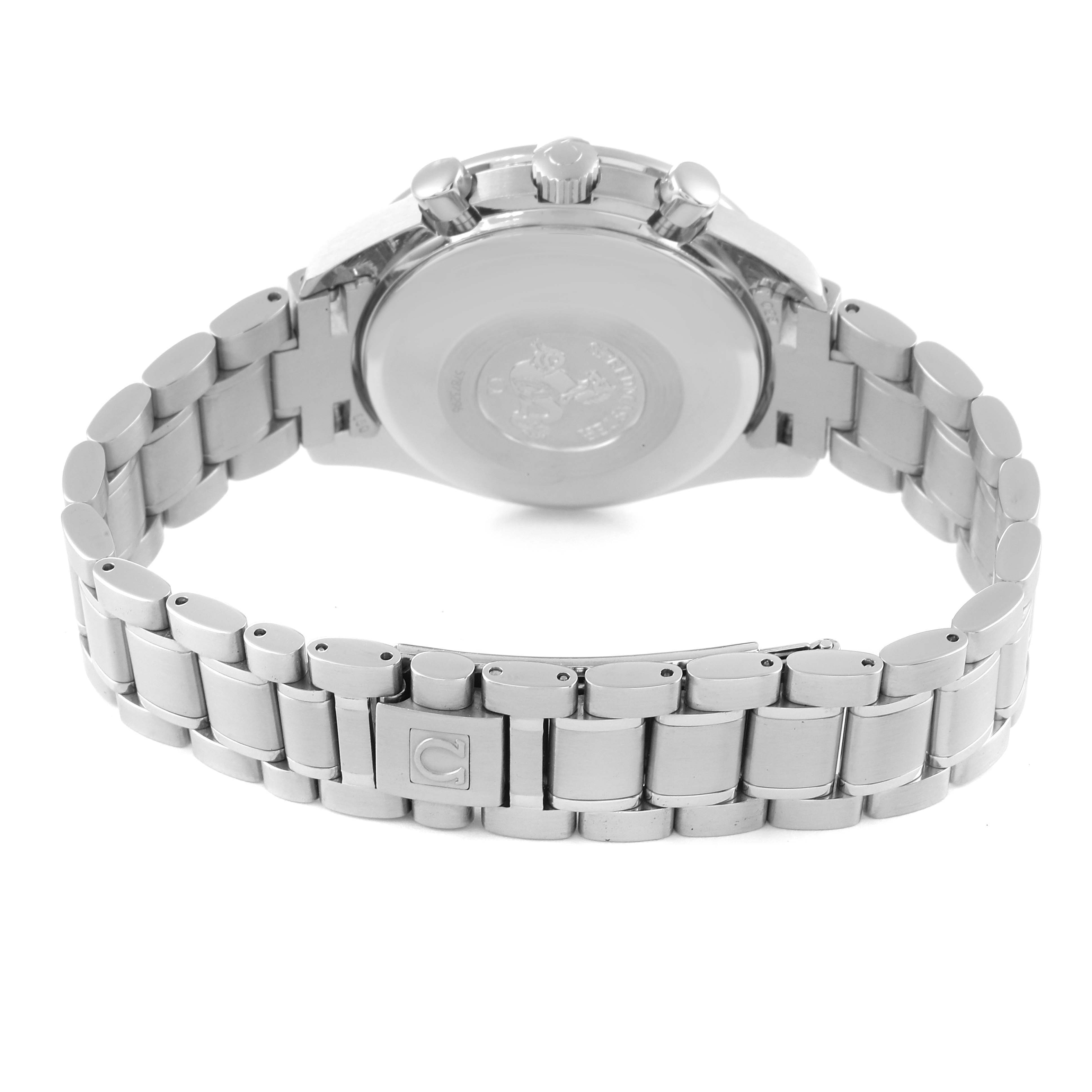 The image shows the back and bracelet of an Omega Speedmaster 3513.30.00 Men's Stainless Steel Silver Dial 3513.30.00 Men's Stainless Steel Silver Dial watch from a rear angle.