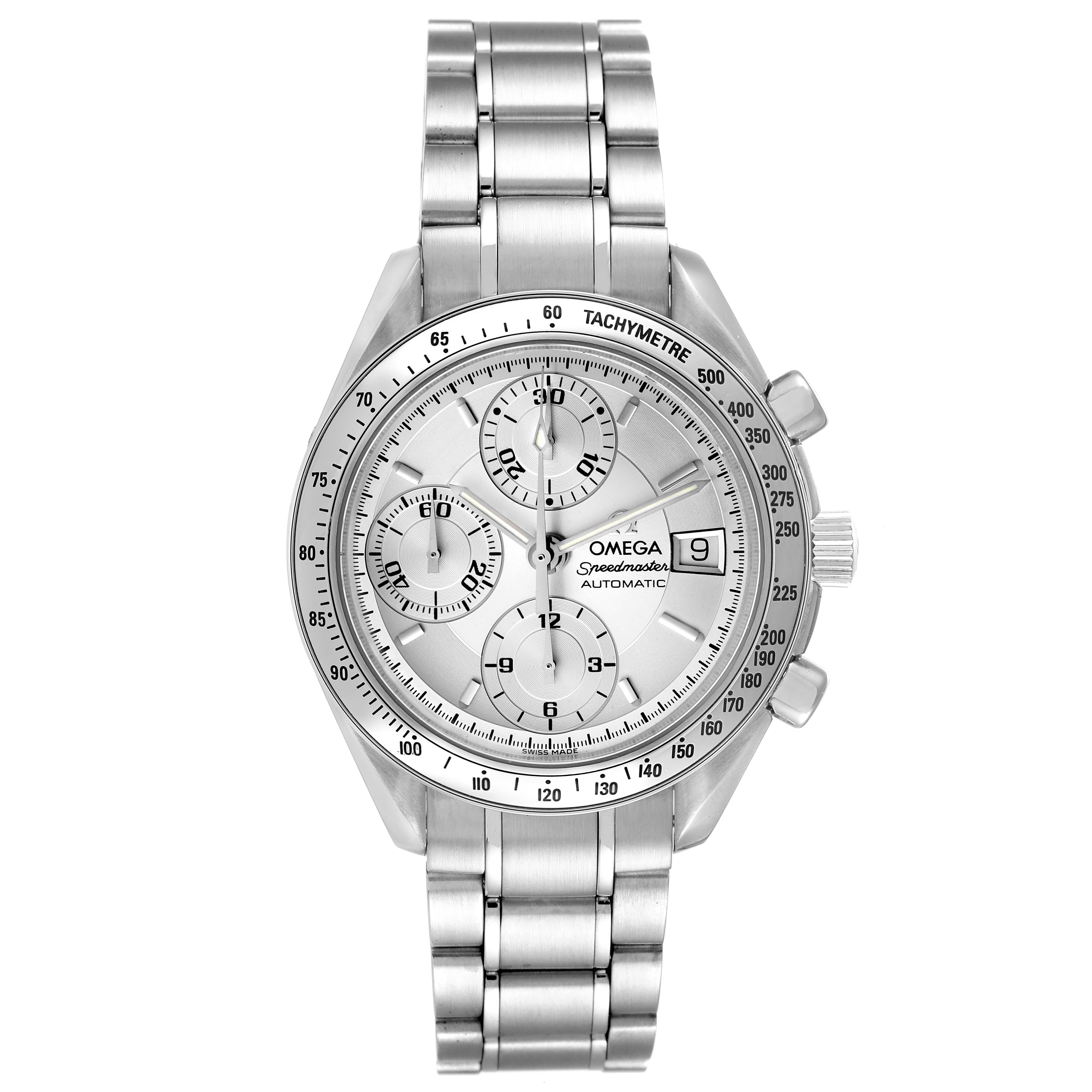 The image shows a front view of an Omega Speedmaster 3513.30.00 Men's Stainless Steel Silver Dial 3513.30.00 Men's Stainless Steel Silver Dial watch, highlighting its dial, bezel, sub-dials, and stainless steel bracelet.