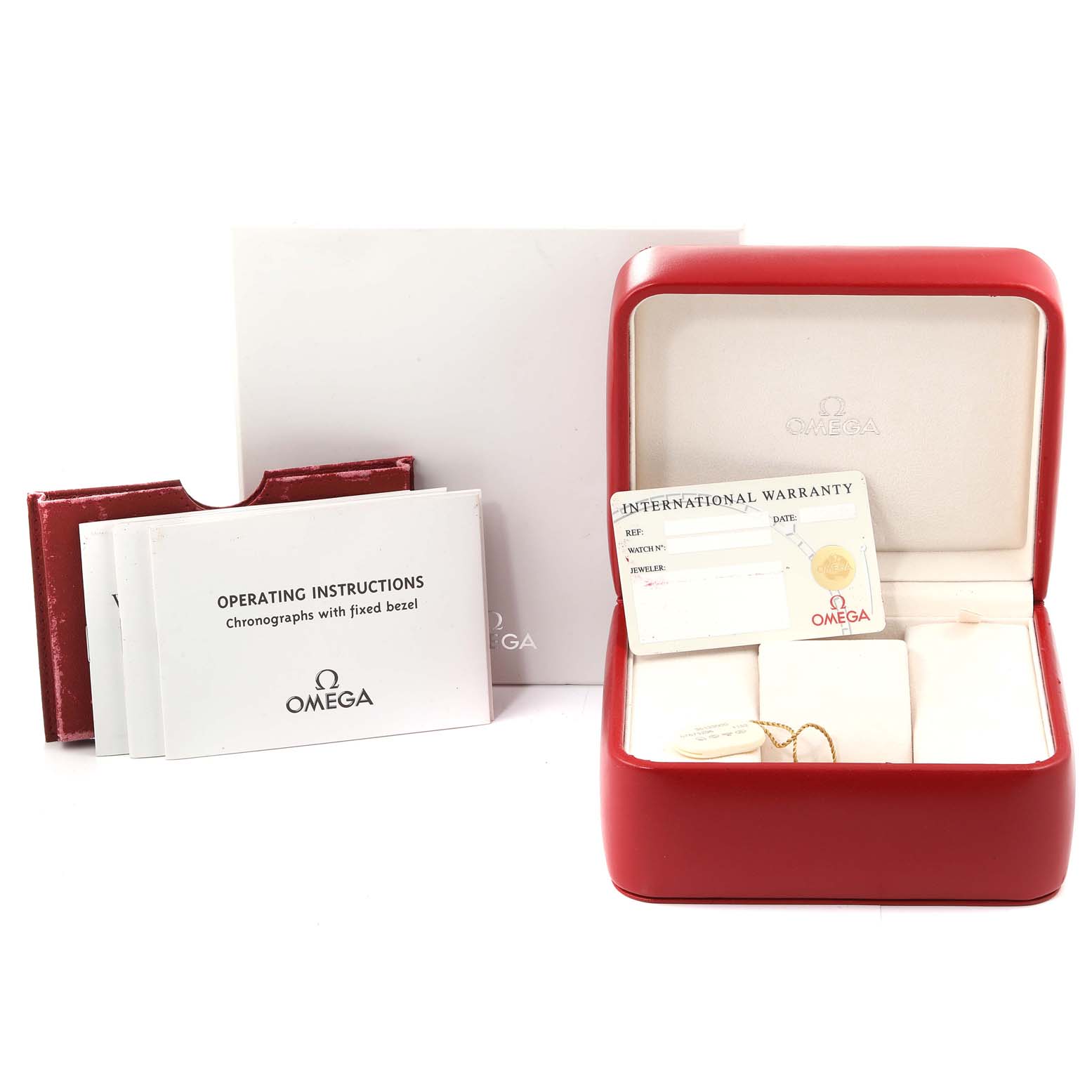 The image shows the Omega Speedmaster 3513.30.00 Men's Stainless Steel Silver Dial 3513.30.00 Men's Stainless Steel Silver Dial watch box, operating instructions, warranty card, and outer box, shown from a front angle.