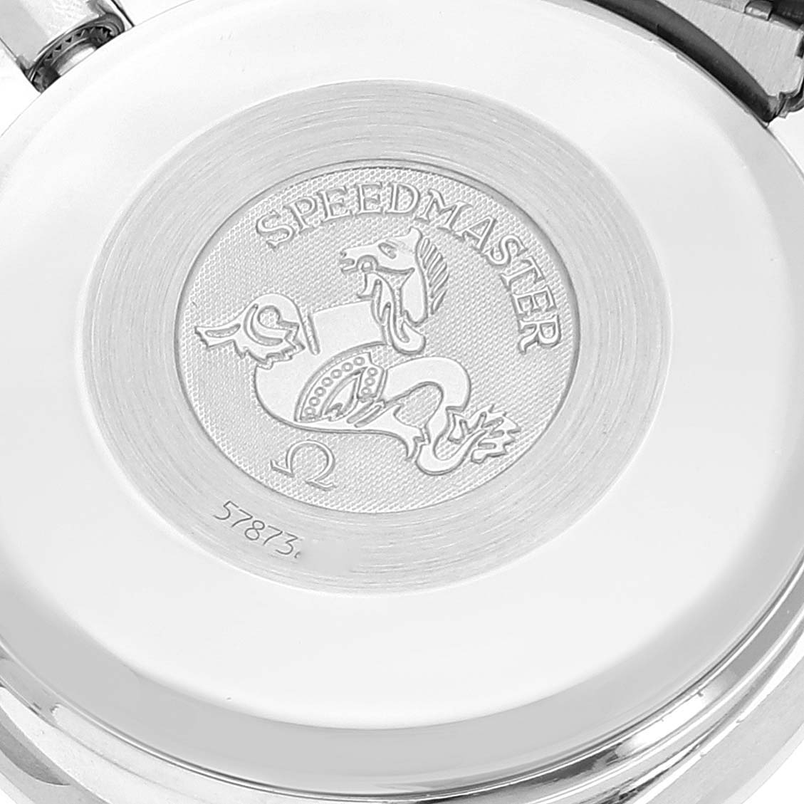This image shows the case back of an Omega Speedmaster 3513.30.00 Men's Stainless Steel Silver Dial 3513.30.00 Men's Stainless Steel Silver Dial watch.