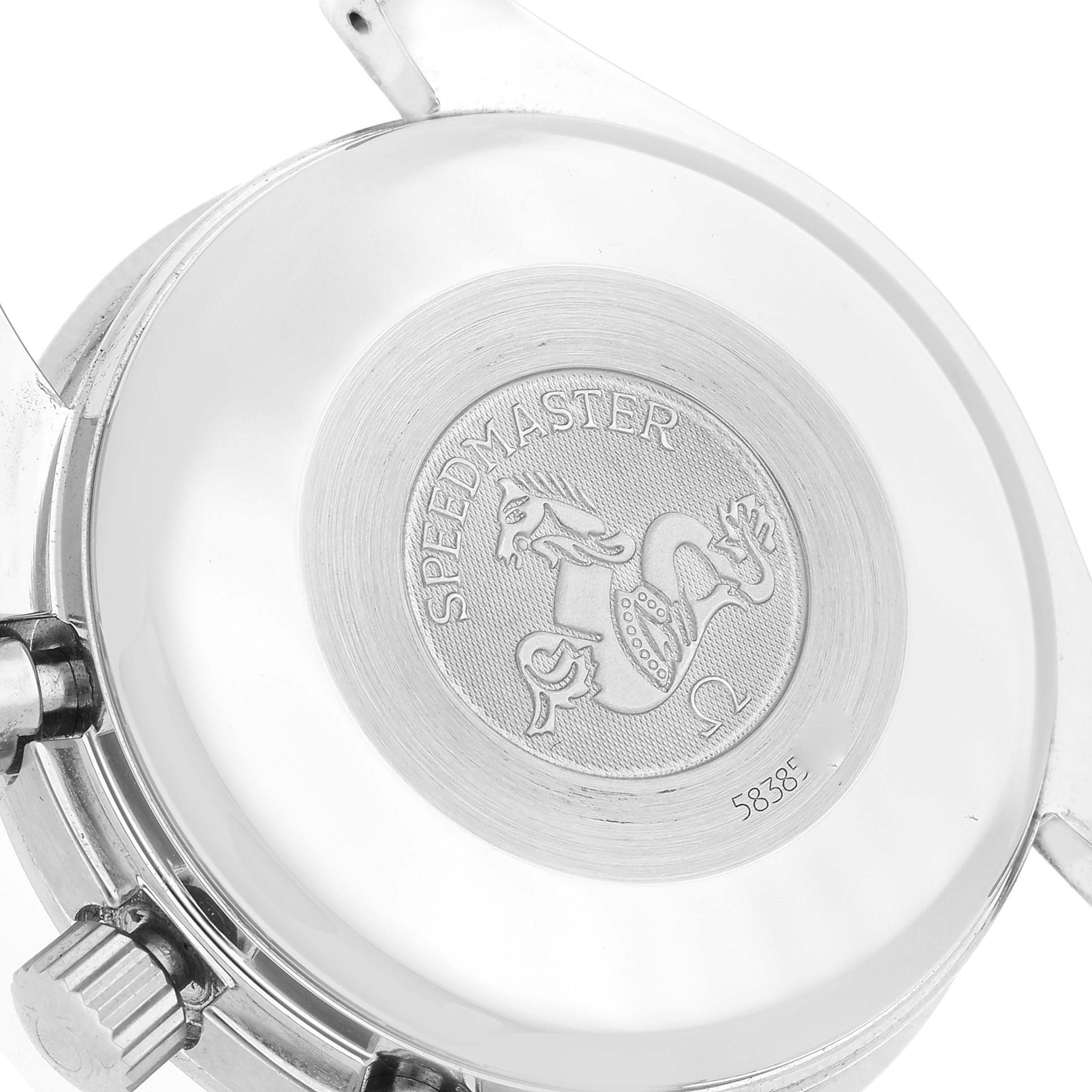 This image shows the case back of an Omega Speedmaster 3520.50.00 Men's Stainless Steel Black Dial 3520.50.00 Men's Stainless Steel Black Dial watch with the engraved logo and lettering.