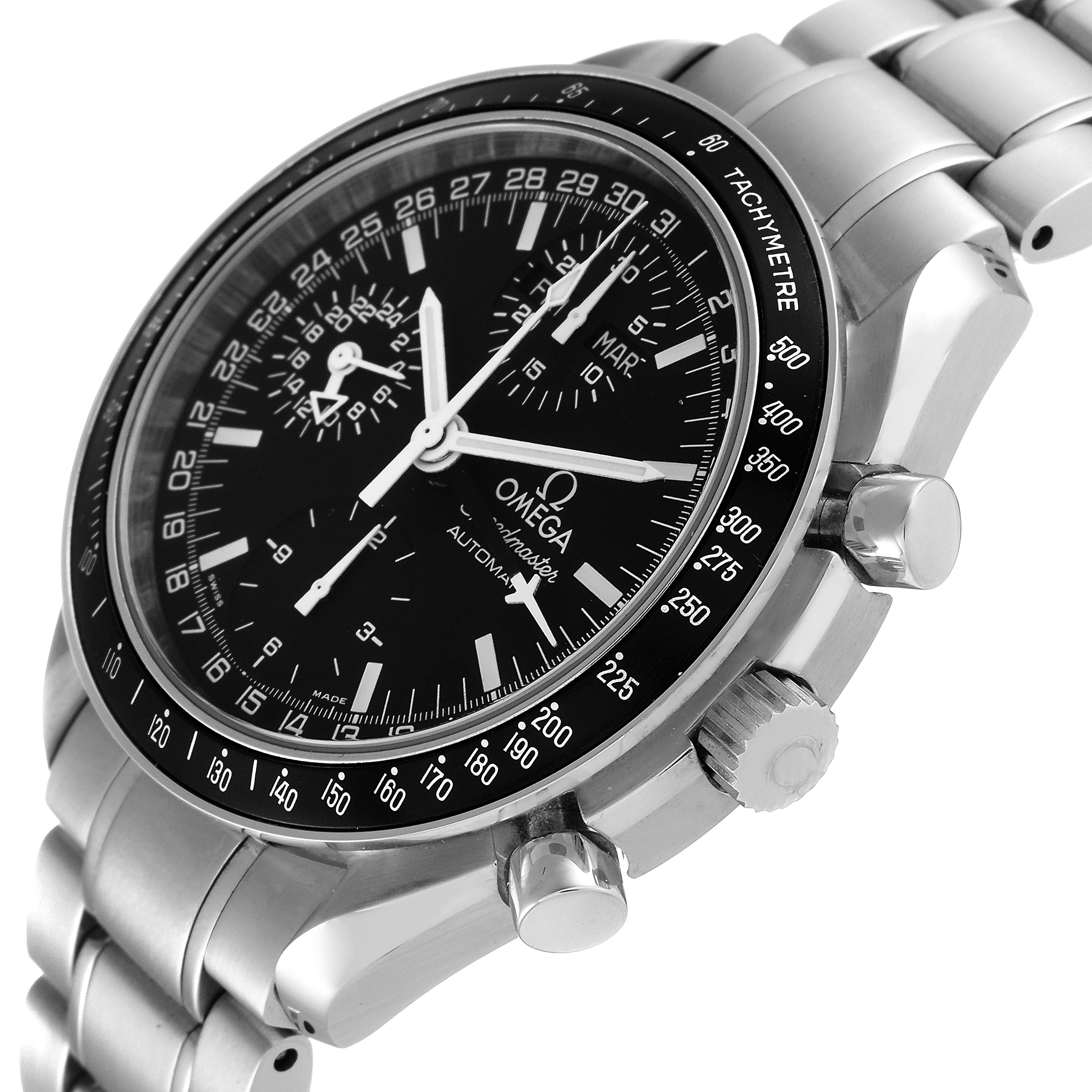 The image shows an angled view of an Omega Speedmaster 3520.50.00 Men's Stainless Steel Black Dial 3520.50.00 Men's Stainless Steel Black Dial watch face, bezel, and crown with part of the stainless steel bracelet.