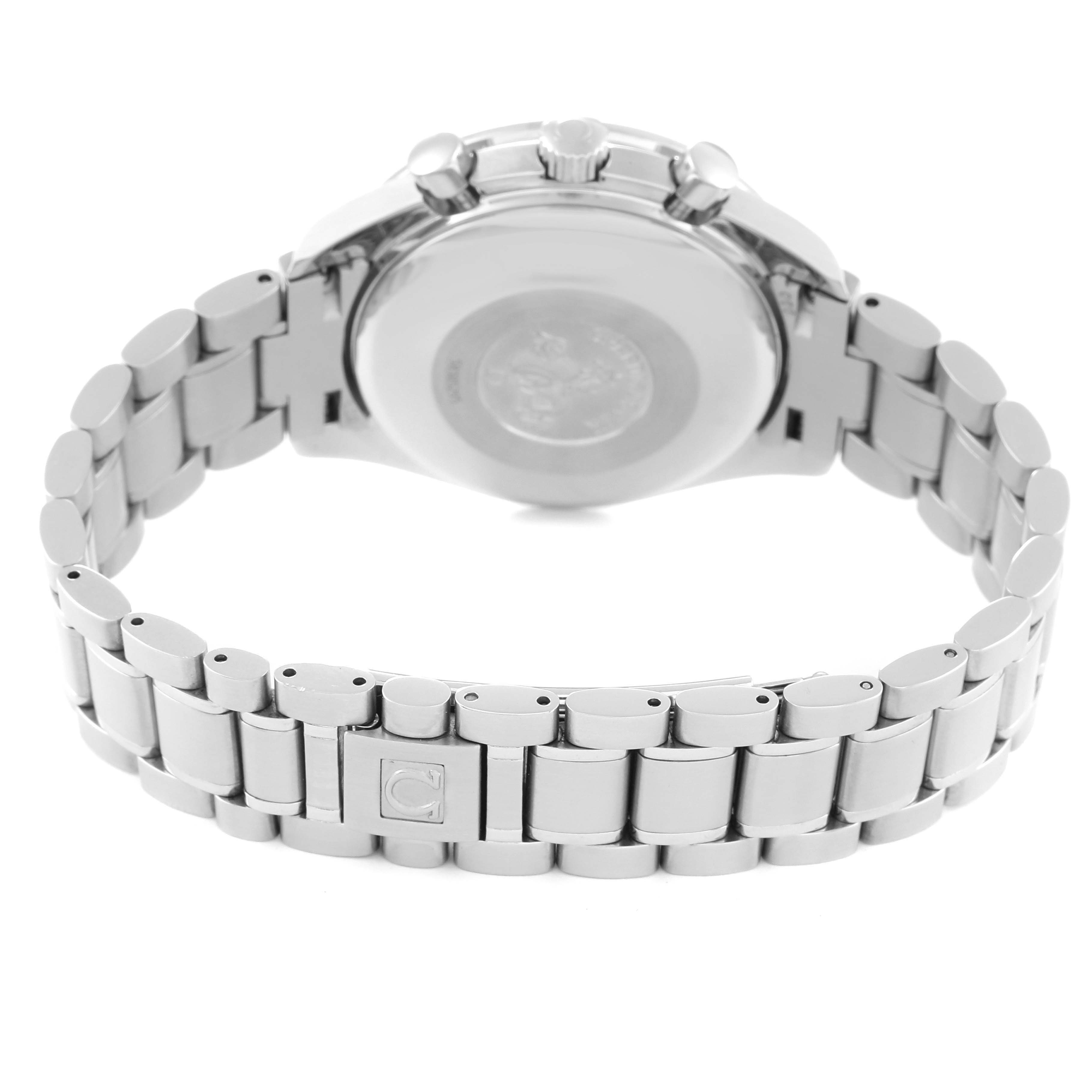 This image shows the back case and bracelet of an Omega Speedmaster 3520.50.00 Men's Stainless Steel Black Dial 3520.50.00 Men's Stainless Steel Black Dial watch from a rear angle.