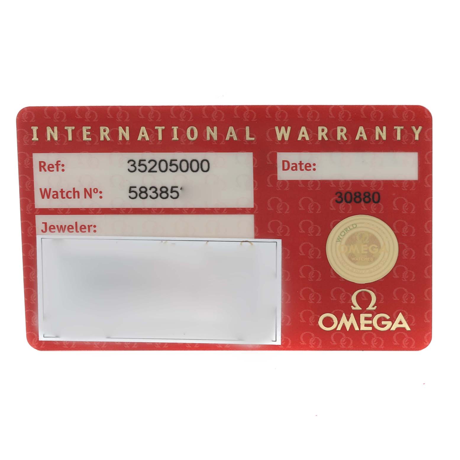 This image shows an Omega Speedmaster 3520.50.00 Men's Stainless Steel Black Dial 3520.50.00 Men's Stainless Steel Black Dial International Warranty card, displaying the reference, watch number, date, and jeweler's fields.