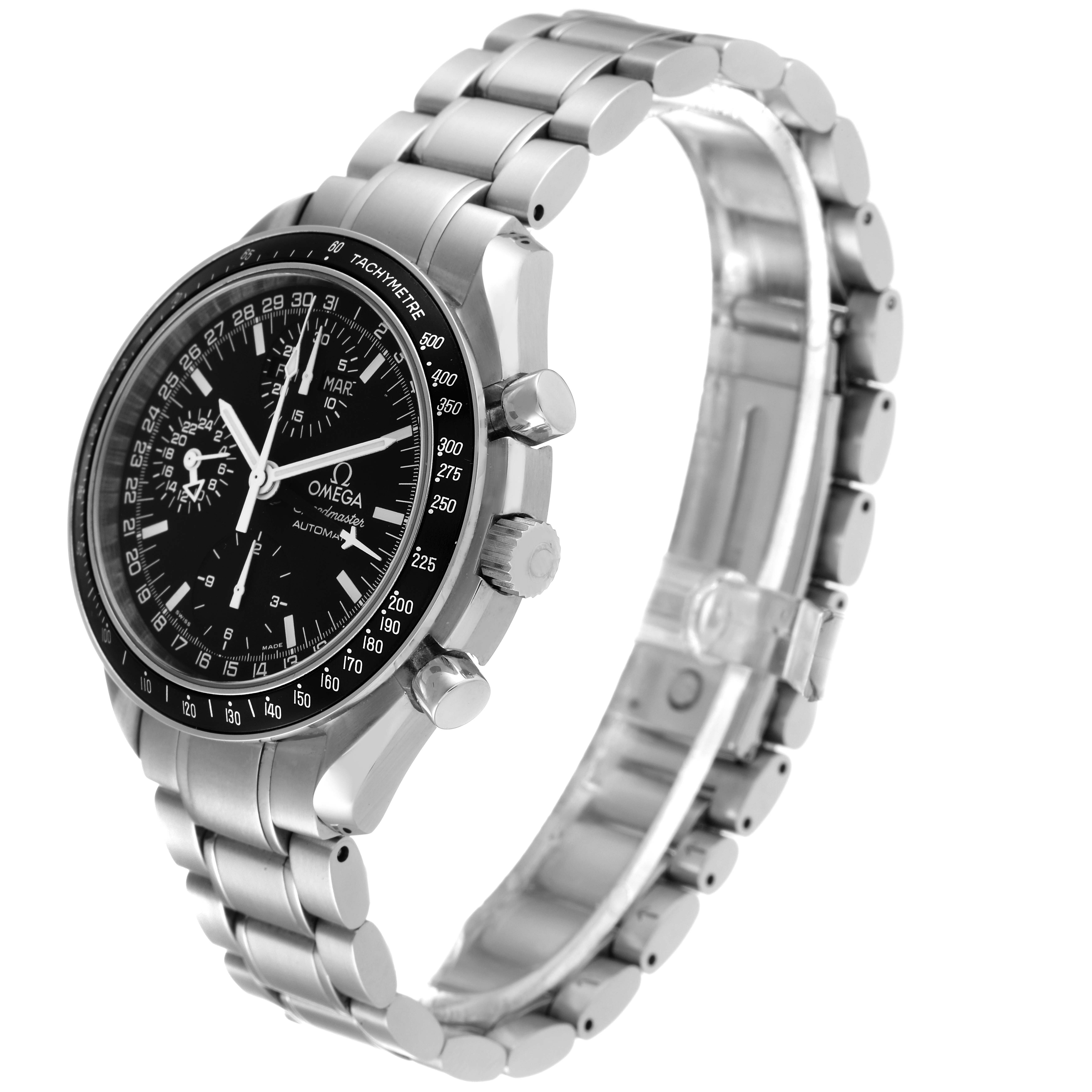 The Omega Speedmaster 3520.50.00 Men's Stainless Steel Black Dial 3520.50.00 Men's Stainless Steel Black Dial watch is shown at a three-quarter angle, displaying the bracelet, tachymetre bezel, dial, and pushers.