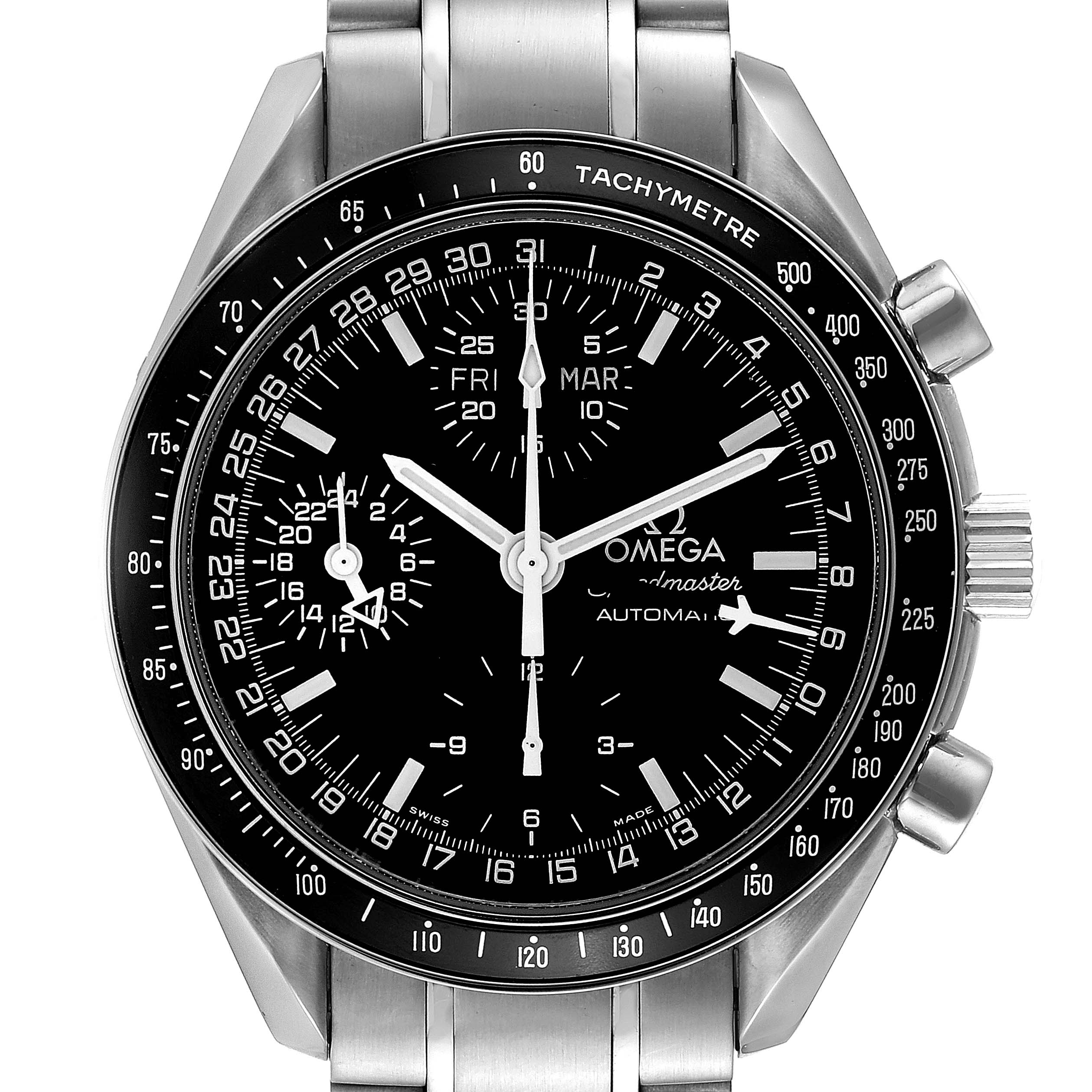 This is a frontal view of an Omega Speedmaster 3520.50.00 Men's Stainless Steel Black Dial 3520.50.00 Men's Stainless Steel Black Dial watch, showing its dial, tachymeter bezel, and stainless steel bracelet.
