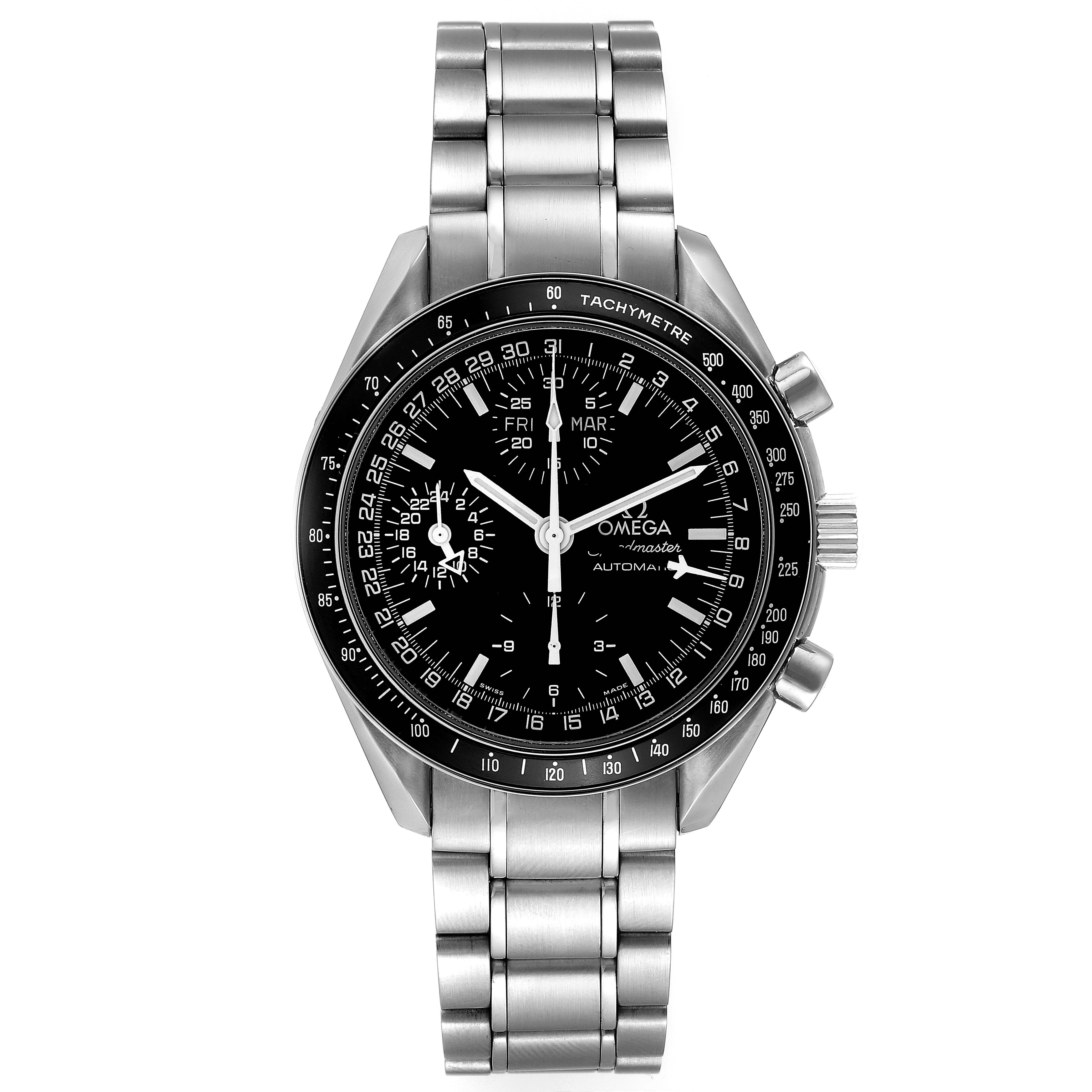The Omega Speedmaster 3520.50.00 Men's Stainless Steel Black Dial 3520.50.00 Men's Stainless Steel Black Dial watch is shown from a front angle, displaying its face, bezel, and metal bracelet.