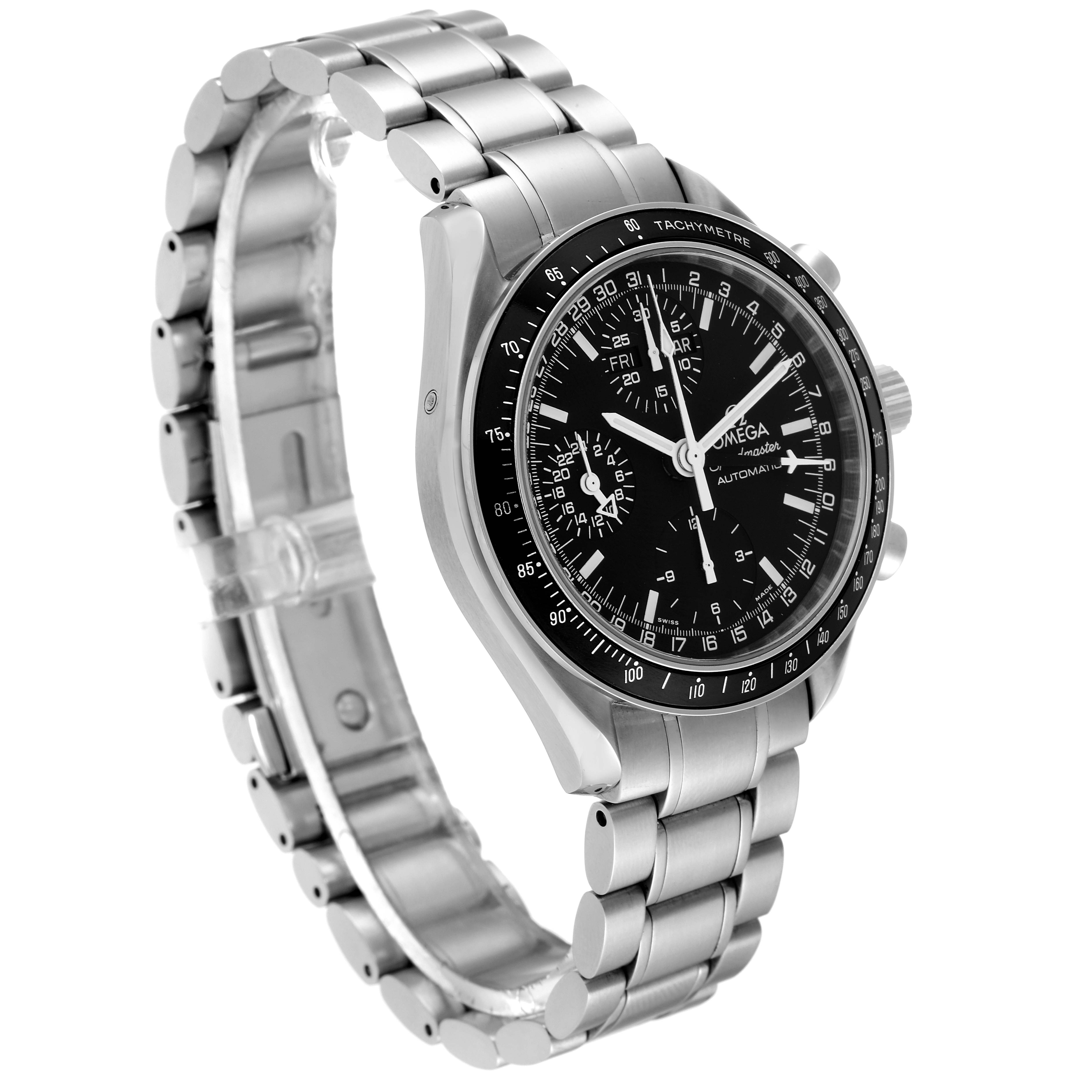 The image shows an Omega Speedmaster 3520.50.00 Men's Stainless Steel Black Dial 3520.50.00 Men's Stainless Steel Black Dial watch from a left angle, highlighting its face and metal bracelet.