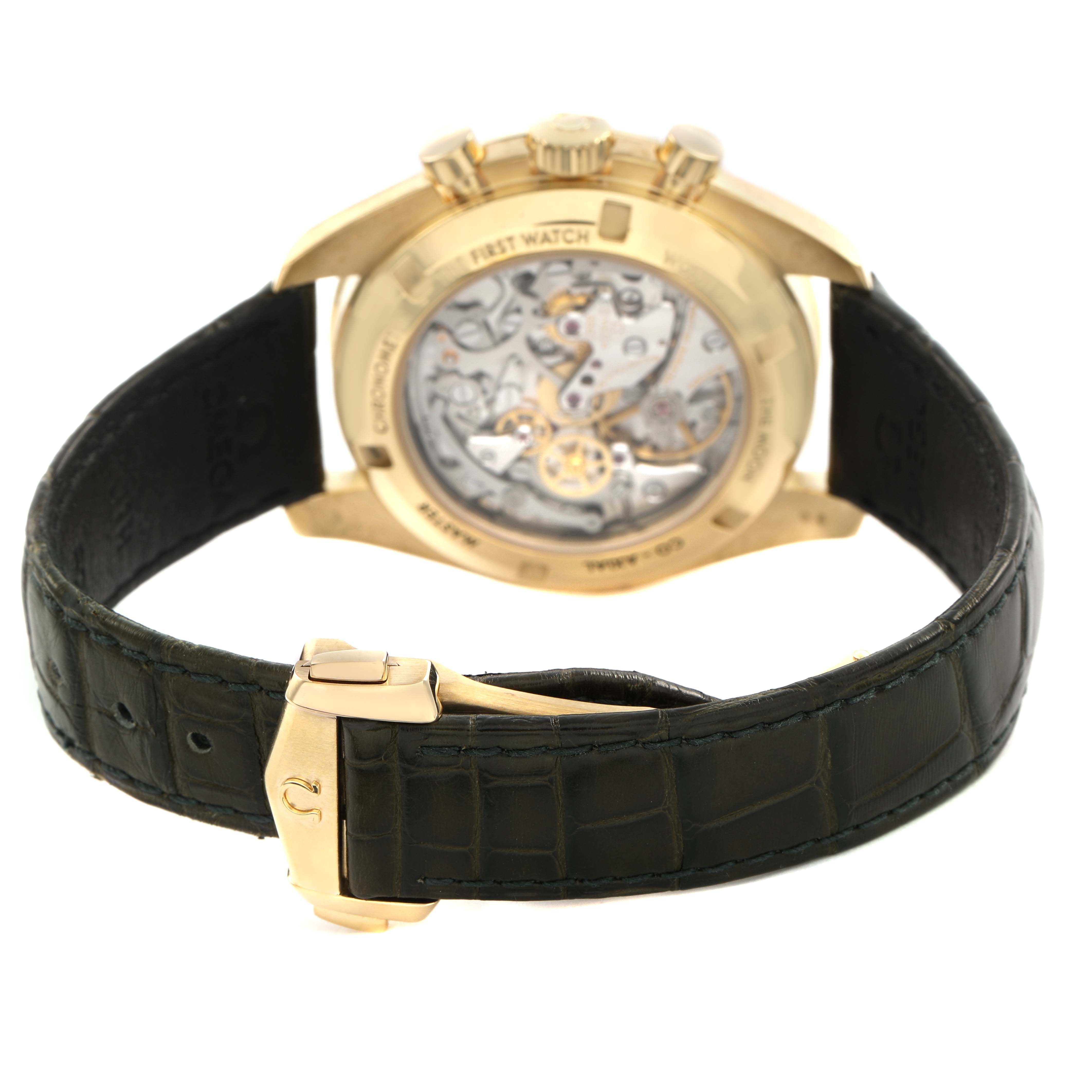 The Omega Speedmaster 310.63.42.50.10.001 Men's Yellow Gold Black Dial is shown from the back, highlighting the open case back and leather strap with a clasp.