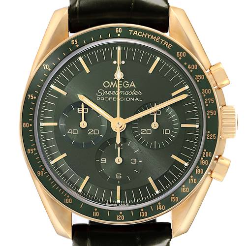 The Omega Speedmaster 310.63.42.50.10.001 Men's Yellow Gold Black Dial model is shown from the front, displaying the green dial, gold-tone case, and tachymetre bezel.