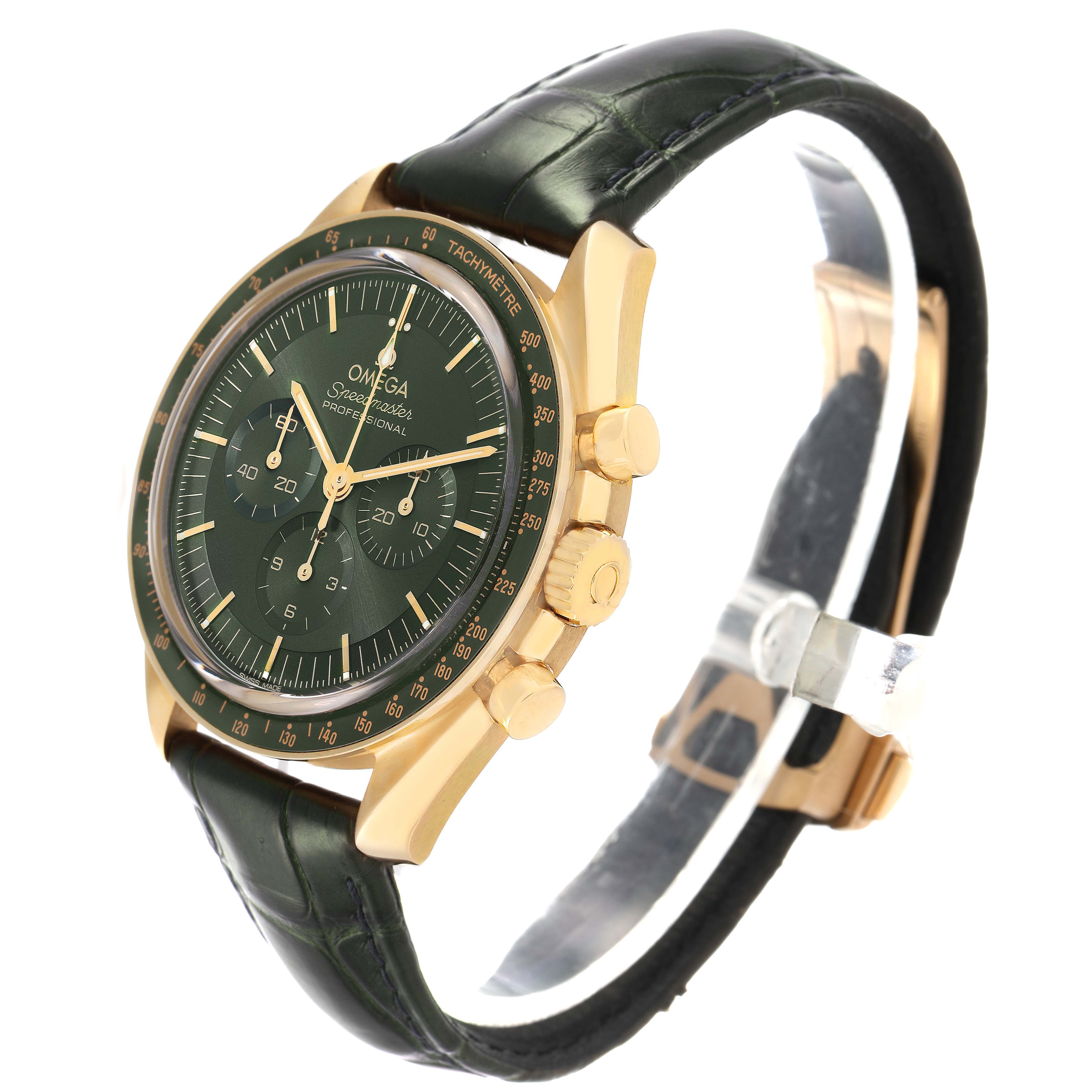 The Omega Speedmaster 310.63.42.50.10.001 Men's Yellow Gold Black Dial watch is shown at a three-quarter angle, highlighting the face, bezel, crown, and leather strap.