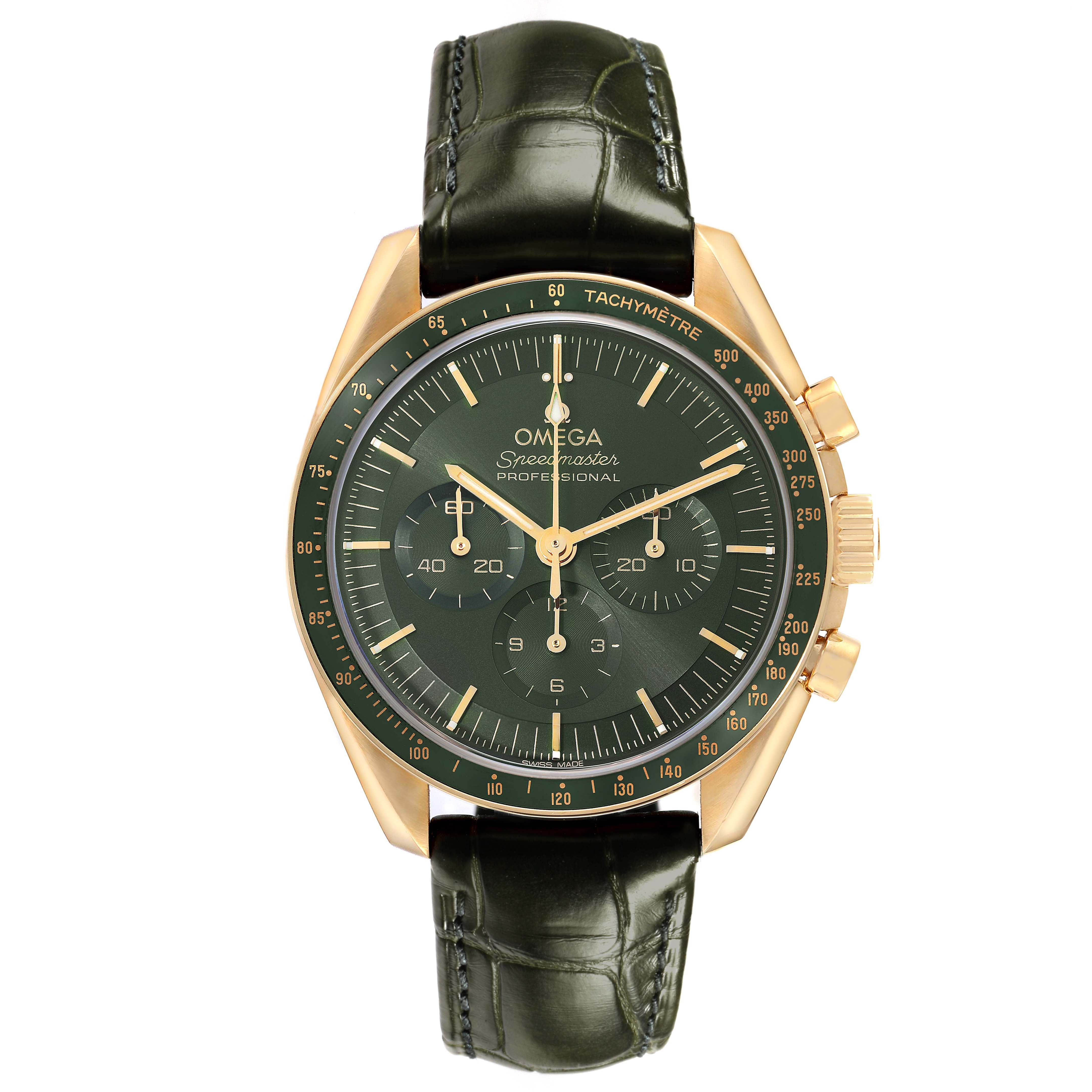 The Omega Speedmaster 310.63.42.50.10.001 Men's Yellow Gold Black Dial watch is shown from the front, featuring the dial, bezel, crown, and leather strap.