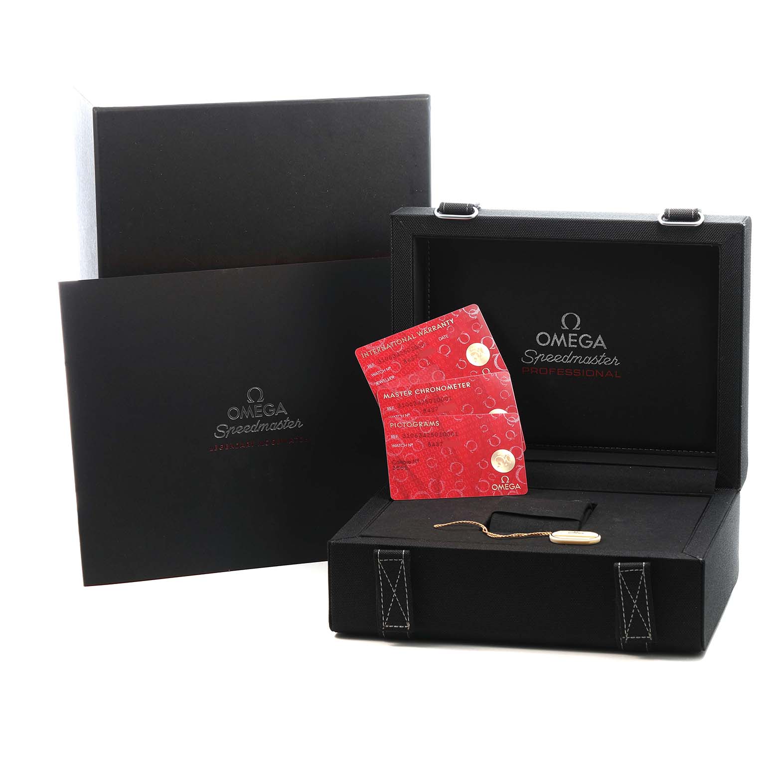 The image shows the Omega Speedmaster 310.63.42.50.10.001 Men's Yellow Gold Black Dial watch box with warranty cards and a black inner and outer box.