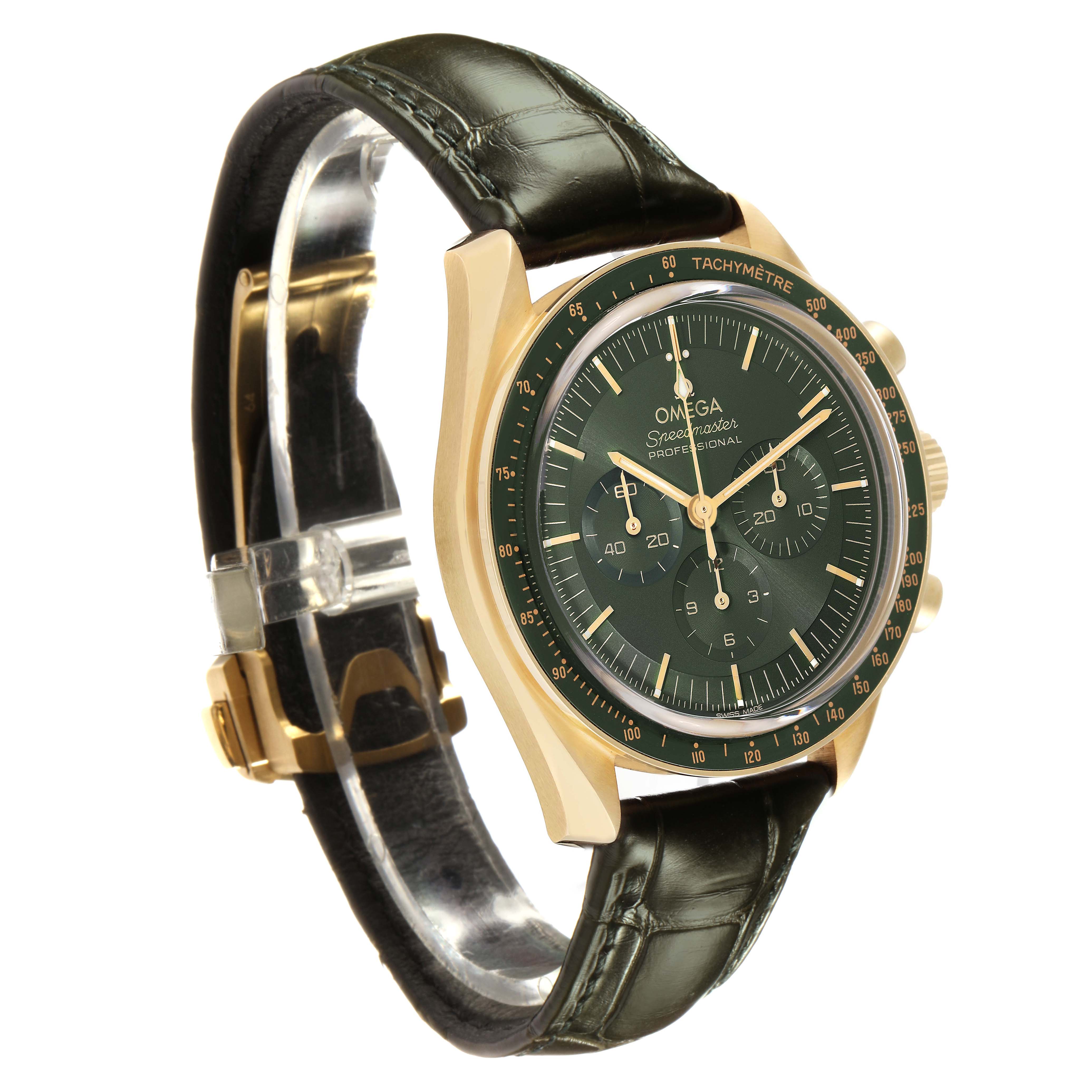 The Omega Speedmaster 310.63.42.50.10.001 Men's Yellow Gold Black Dial watch is shown at a slight angle, highlighting the dial, case, and leather strap.