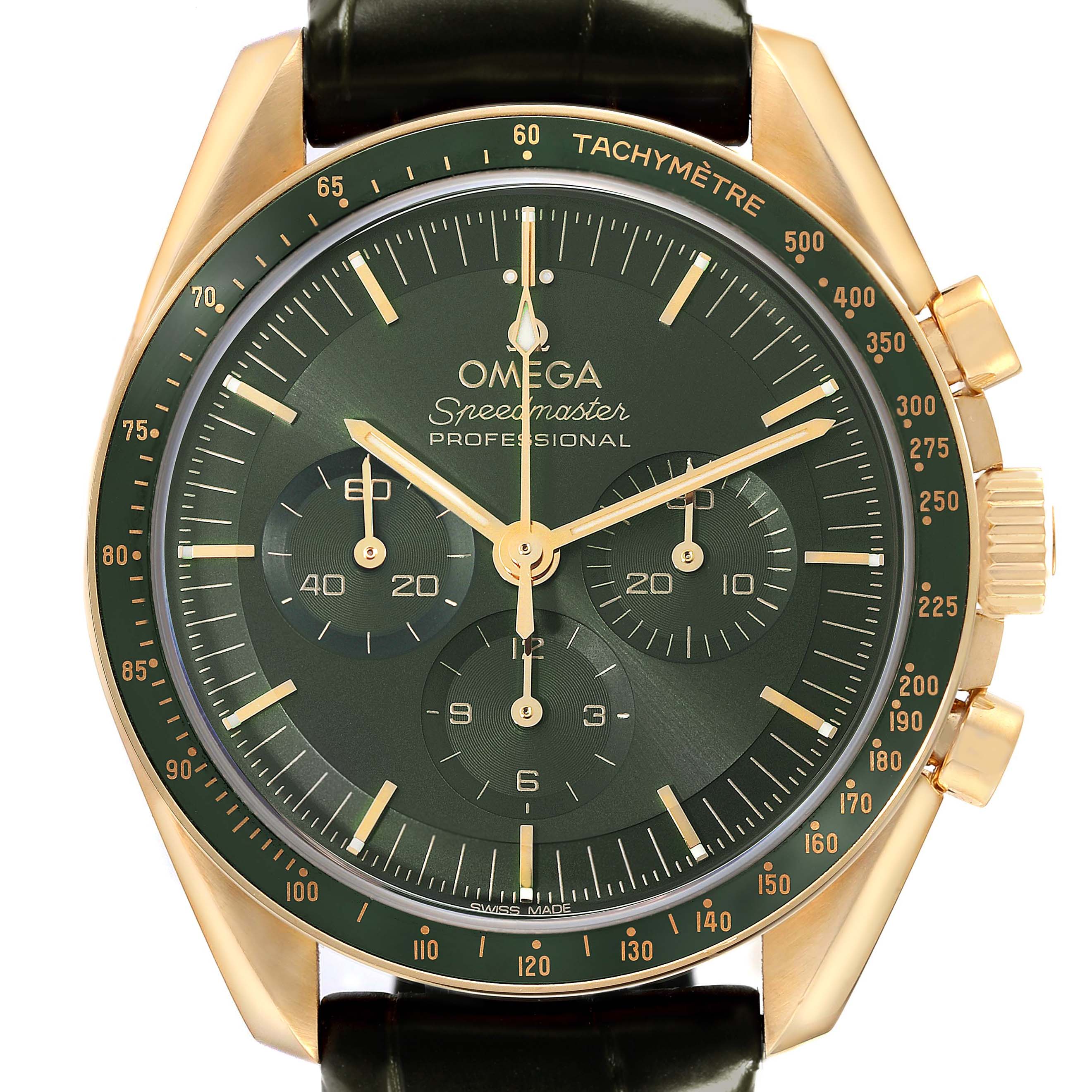 The Omega Speedmaster 310.63.42.50.10.001 Men's Yellow Gold Black Dial is shown from the front, displaying its green dial, tachymeter, markers, and subdials in full detail.