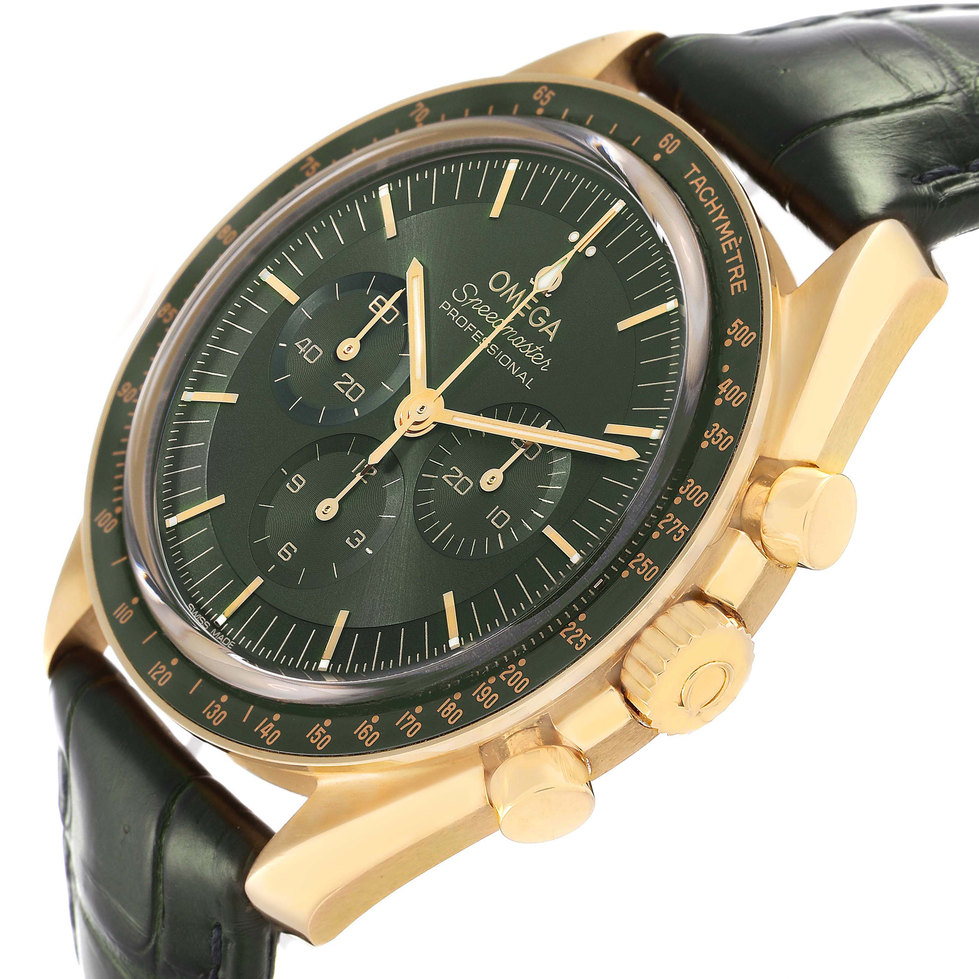 The Omega Speedmaster 310.63.42.50.10.001 Men's Yellow Gold Black Dial watch is shown at an angled side view, highlighting the dial, pushers, crown, and case.