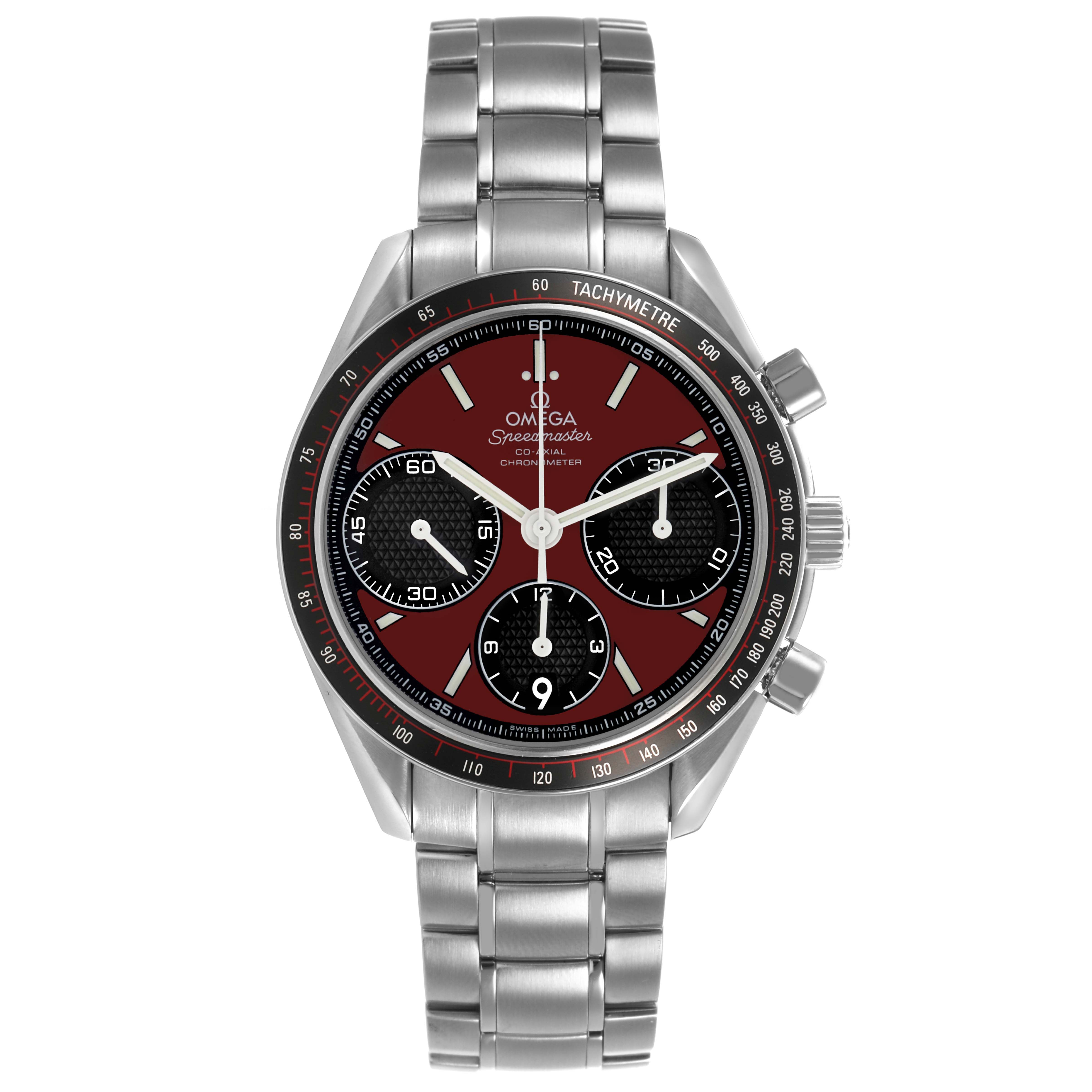 The Omega Speedmaster 326.30.40.50.11.001 Men's Stainless Steel Red Dial watch is shown from the front, displaying the dial, bezel, and bracelet clearly.