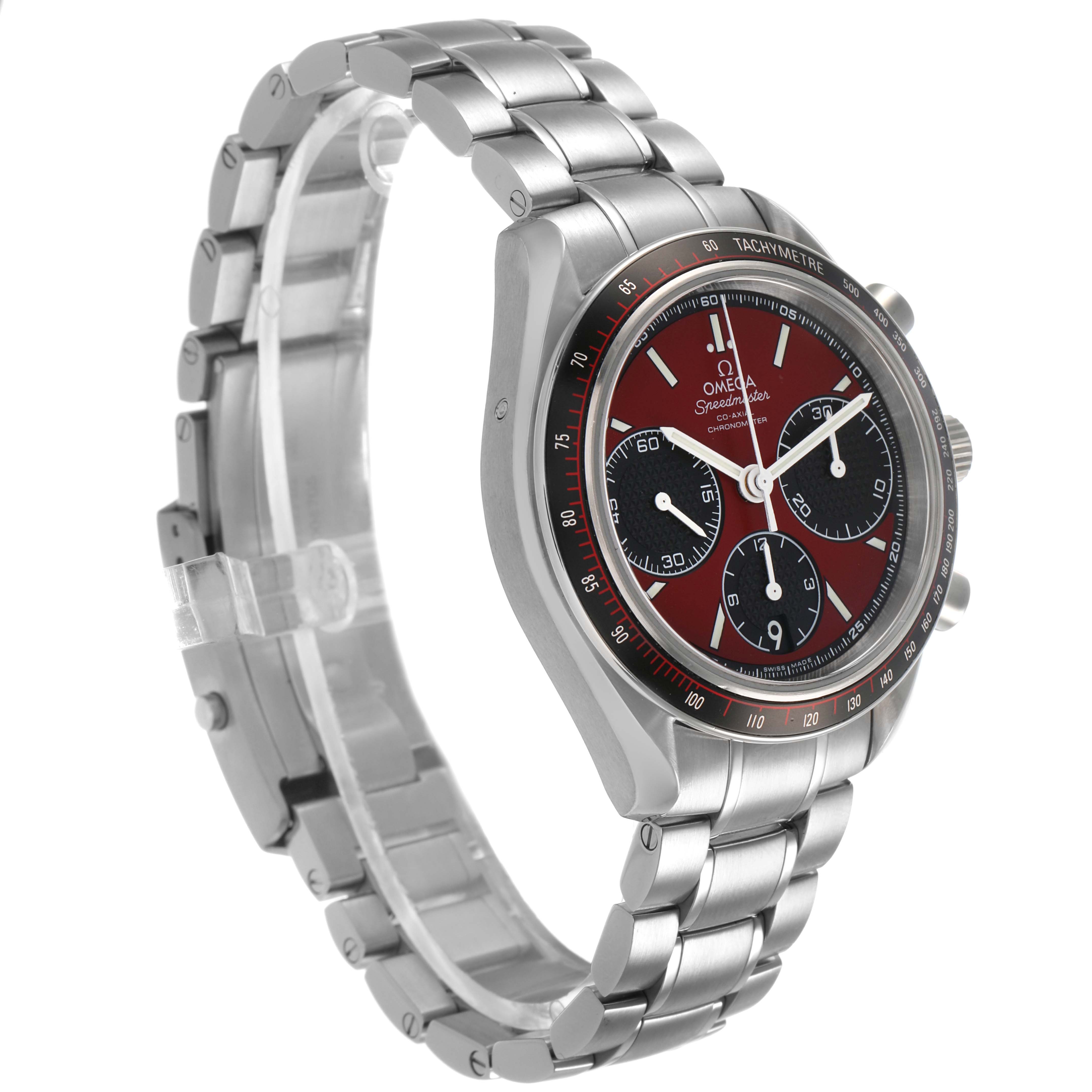 The Omega Speedmaster 326.30.40.50.11.001 Men's Stainless Steel Red Dial watch is shown at a three-quarter angle, highlighting the dial, bezel, and bracelet.