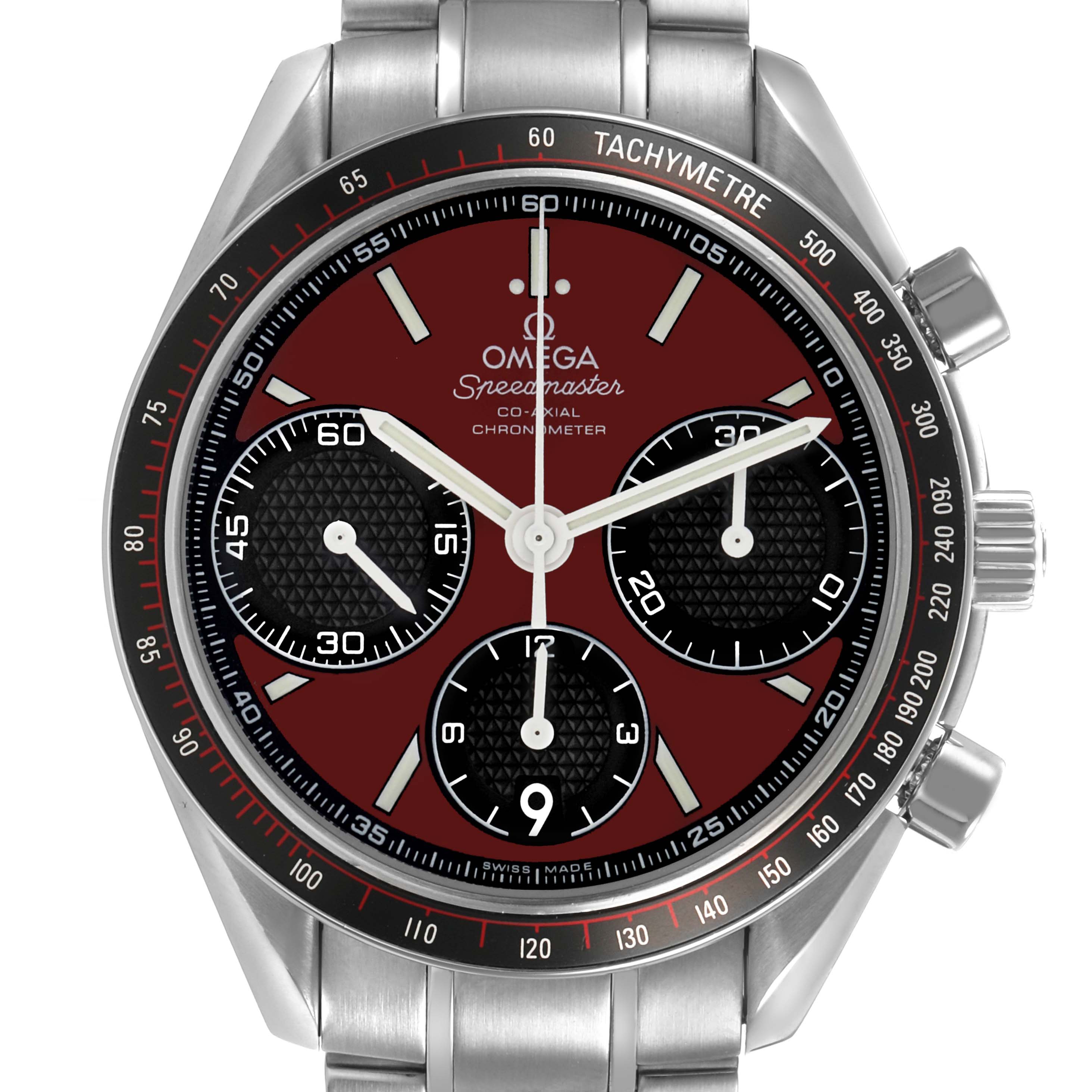 The Omega Speedmaster 326.30.40.50.11.001 Men's Stainless Steel Red Dial watch is shown from the front, displaying its dial, tachymeter bezel, and subdials.