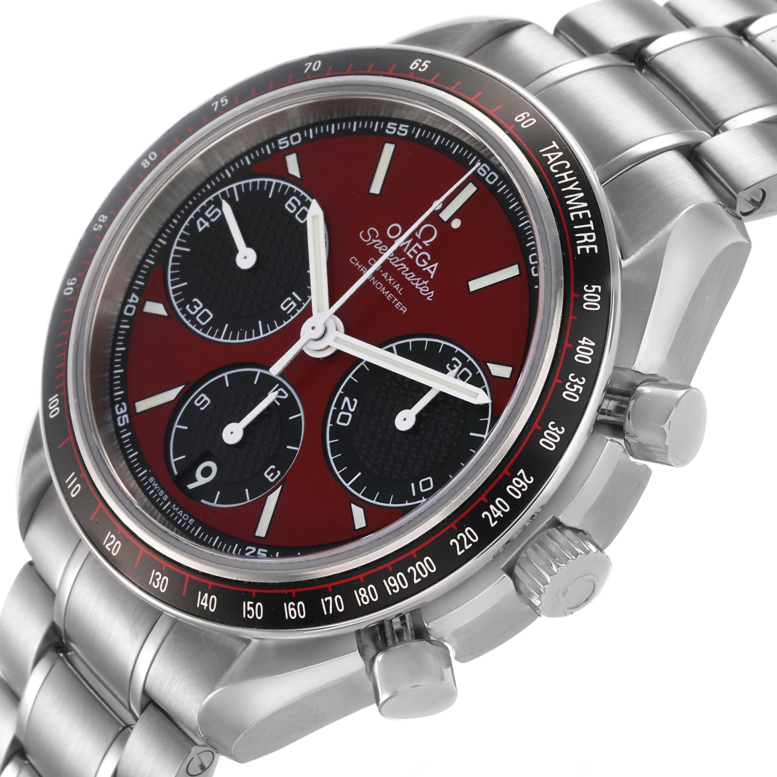 The Omega Speedmaster 326.30.40.50.11.001 Men's Stainless Steel Red Dial watch is shown at a side angle, highlighting the tachymeter bezel, crown, pushers, and stainless steel bracelet.