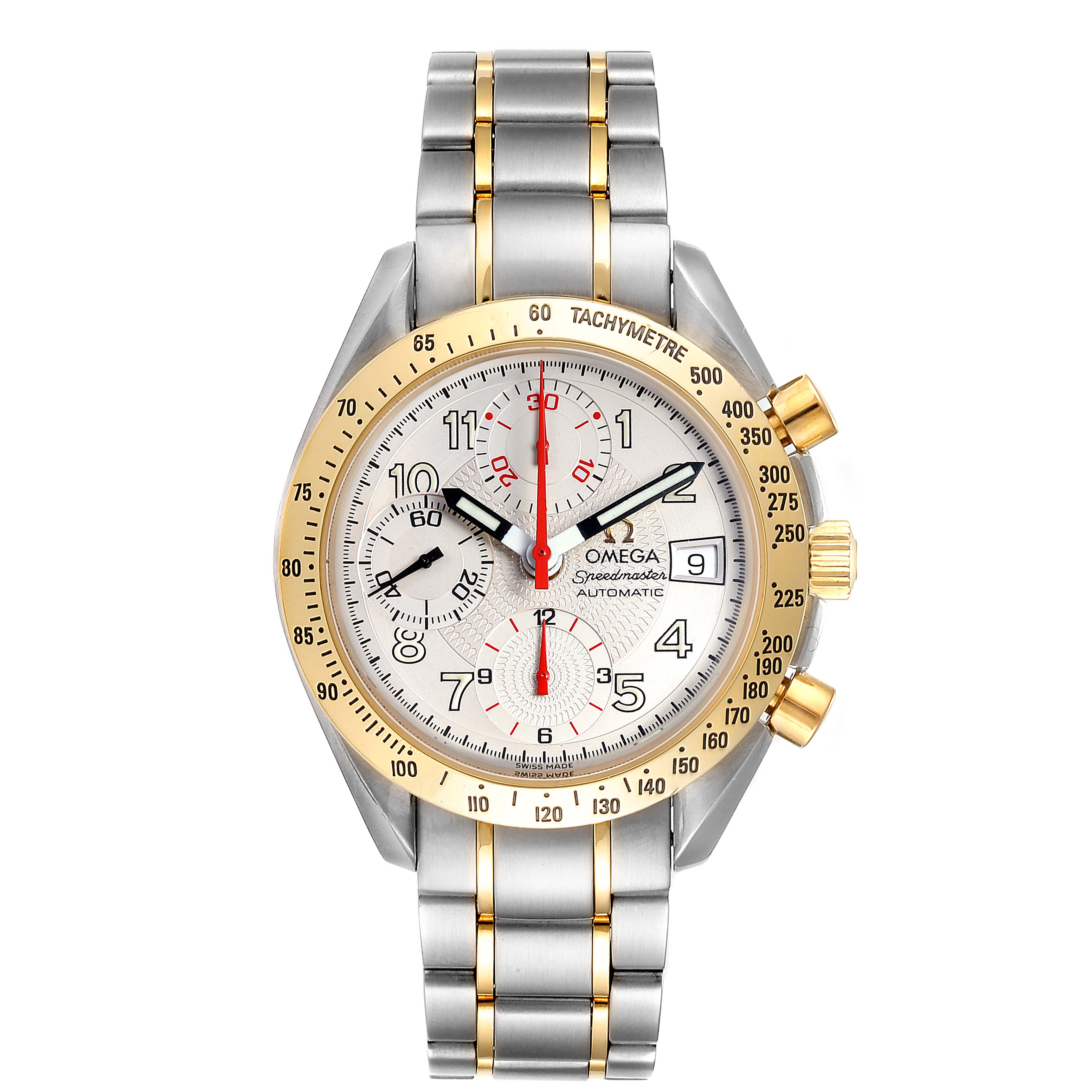 The Omega Speedmaster 3313.33.00 Men's Steel and Gold (two tone) White Dial 3313.33.00 Men's Steel and Gold (two tone) White Dial watch is shown from a front angle, displaying the face, bezel, and full bracelet.