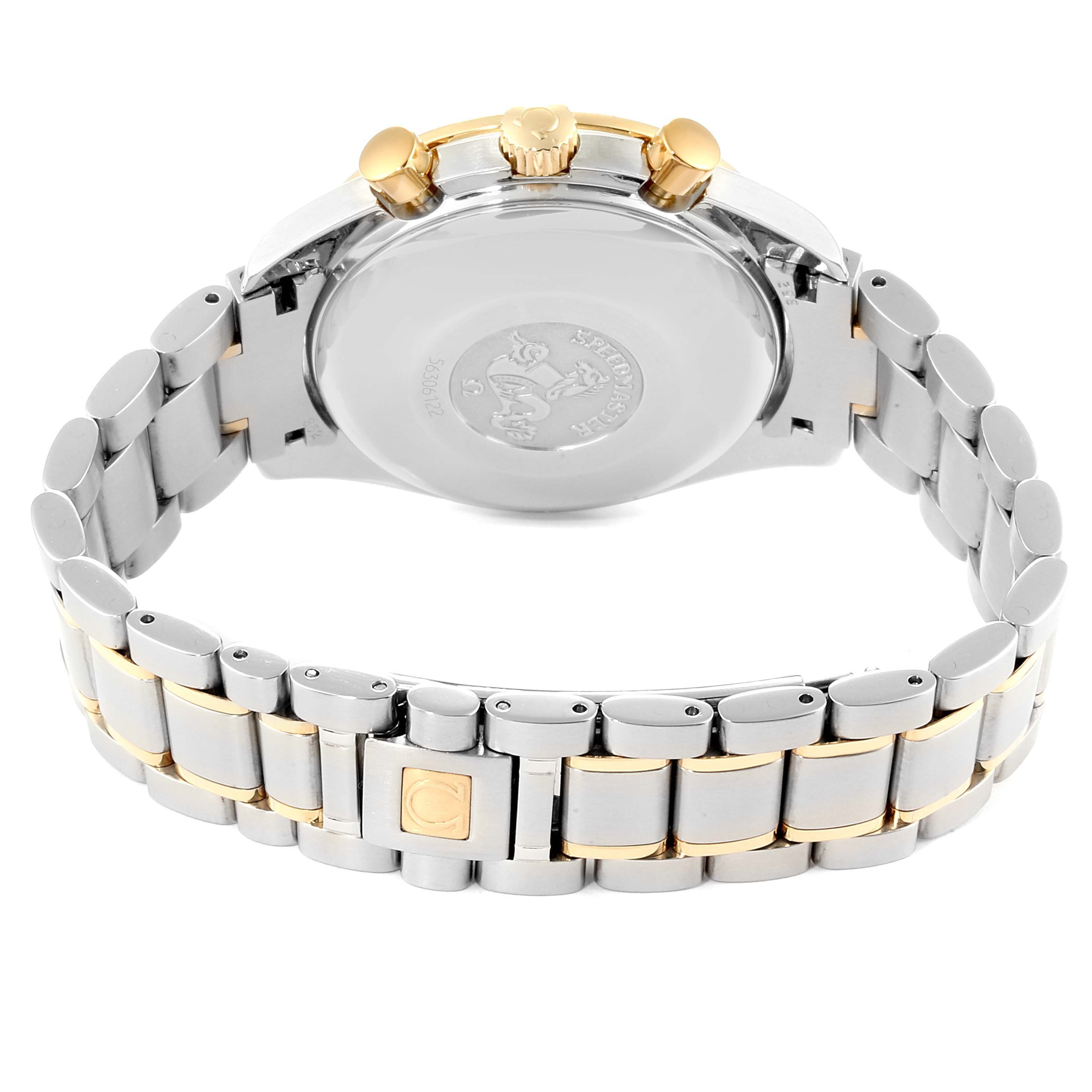 This image shows the back case and bracelet of the Omega Speedmaster 3313.33.00 Men's Steel and Gold (two tone) White Dial 3313.33.00 Men's Steel and Gold (two tone) White Dial watch, featuring a two-tone metal design.