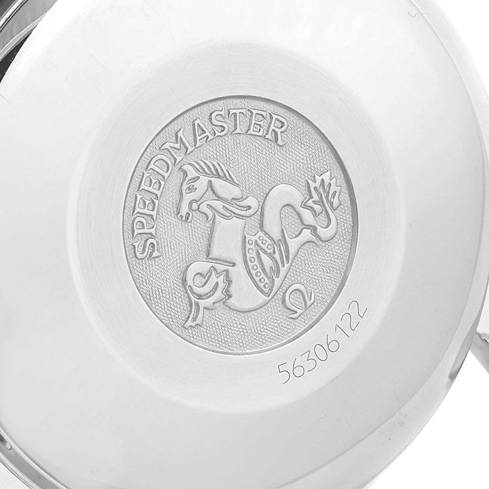 This image shows the back casing of an Omega Speedmaster 3313.33.00 Men's Steel and Gold (two tone) White Dial 3313.33.00 Men's Steel and Gold (two tone) White Dial watch, featuring the model's engraving and serial number.