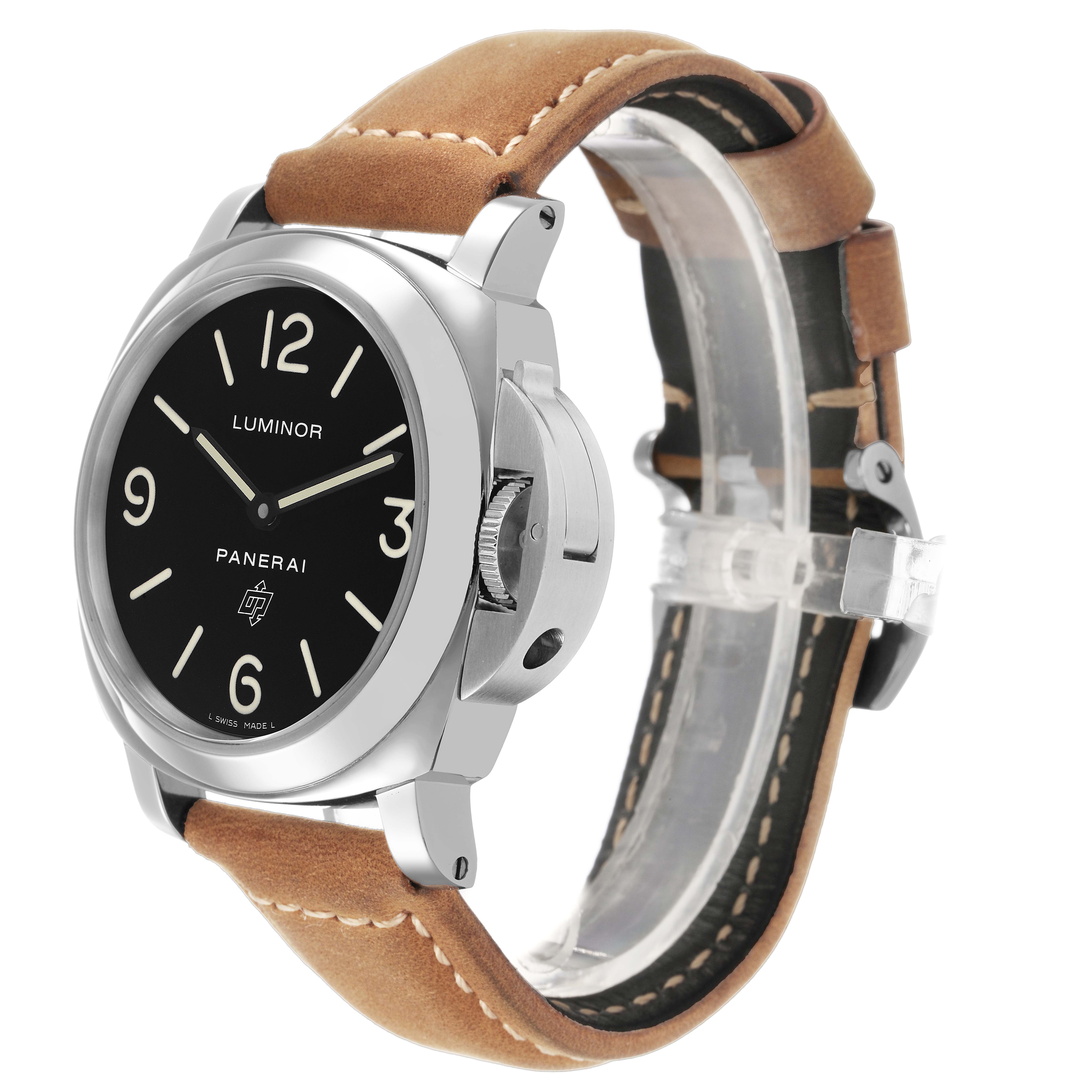 The Panerai Luminor PAM00000 Men's Stainless Steel Black Dial watch is shown from a three-quarter angle, displaying the face, case, and brown leather strap.