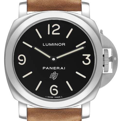 This image shows a front view of the Panerai Luminor PAM00000 Men's Stainless Steel Black Dial watch highlighting the black dial, numerals, strap, and crown guard.