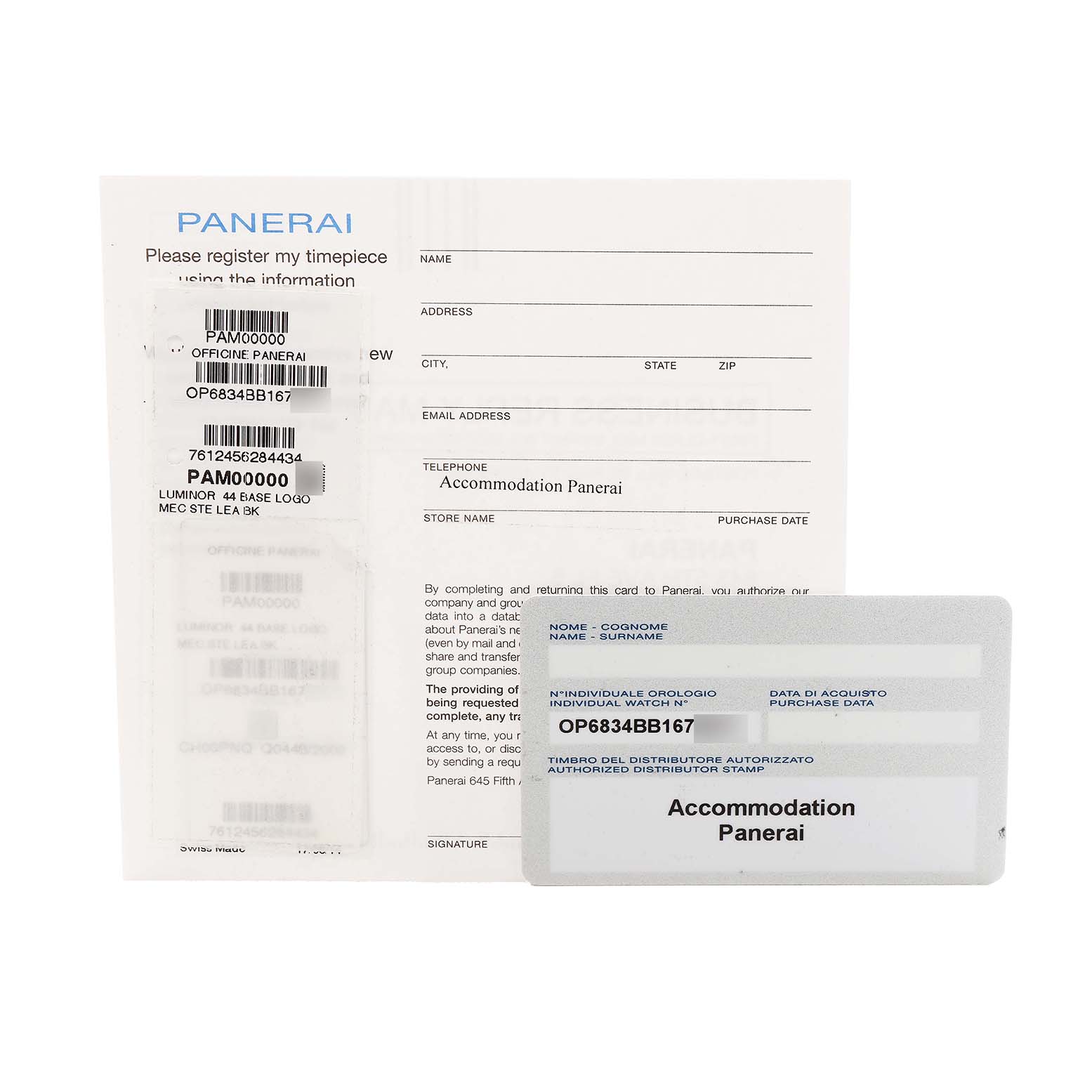 The image shows the warranty card and user documentation for the Panerai Luminor PAM00000 Men's Stainless Steel Black Dial model.