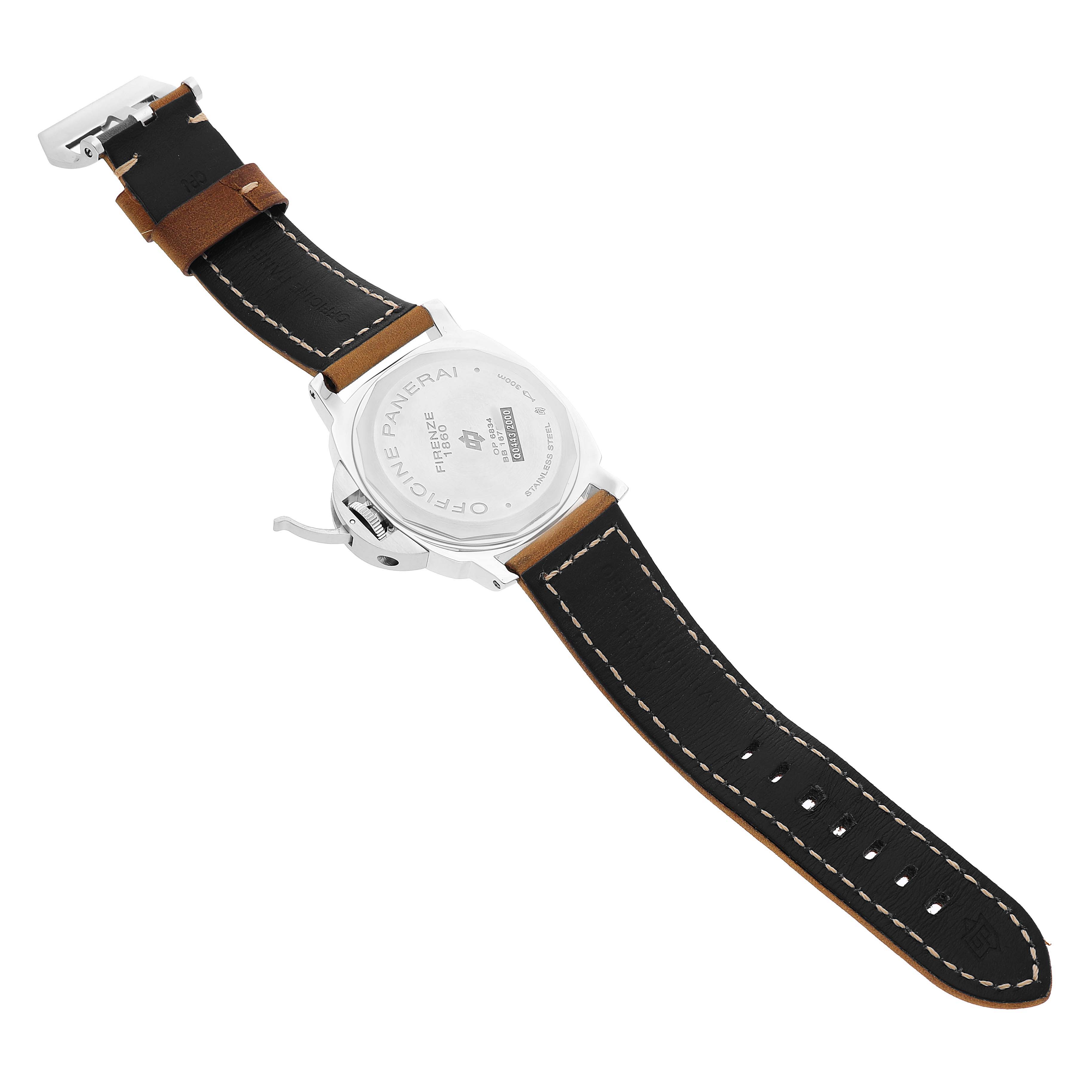 The photo shows the back of a Panerai Luminor PAM00000 Men's Stainless Steel Black Dial watch, highlighting the case back, leather strap, and buckle from a top-down angle.